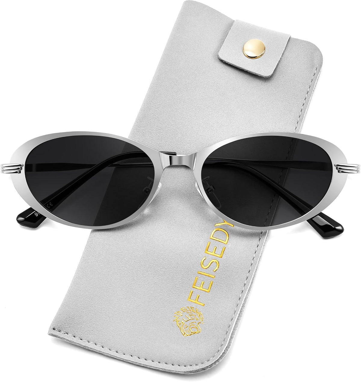 Silver Frame + Grey Lens / 52 Millimeters | B0GVDJZGTR | FEISEDY Metal Oval Sunglasses UV400 Protection for Women and Men B0429