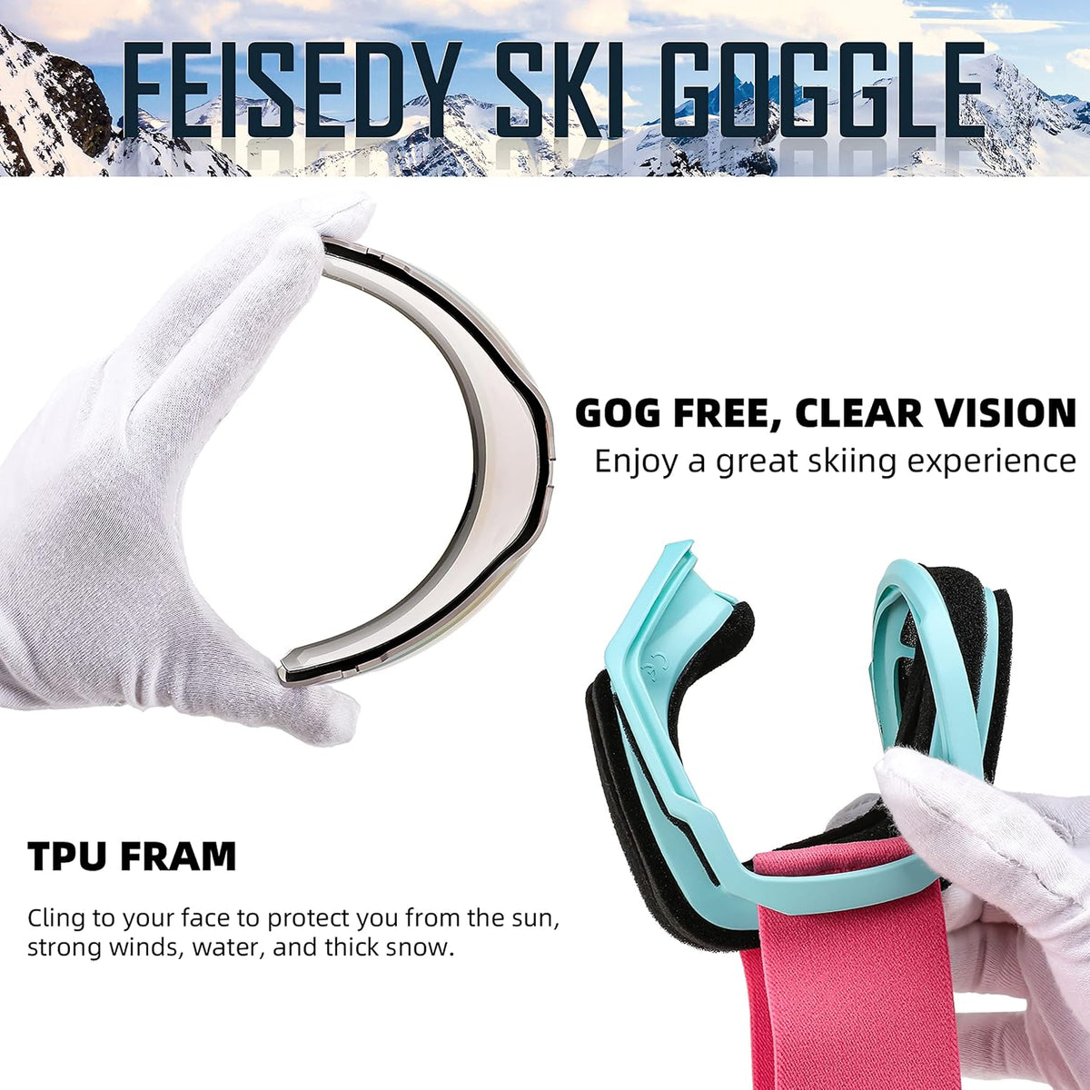 商品图片 32 | B0GHRB6WCQ | FEISEDY Ski Goggles, OTG Snow Sport Goggles for Adult Youth, Anti-Fog UV400 Protection Bendable Dual-Lenses B2961