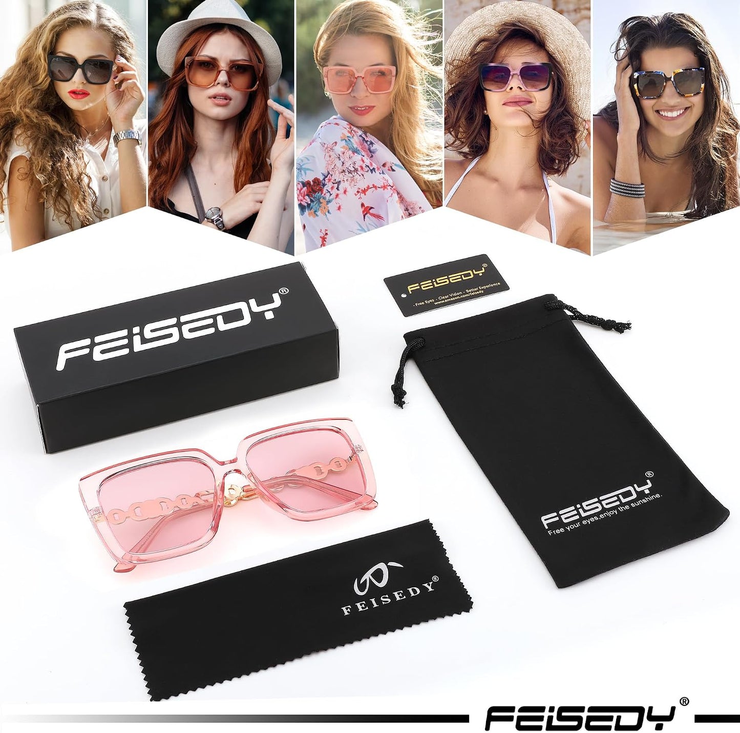 商品图片 48 | B08HVPGJW5 | FEISEDY Sunglasses Womens Trendy, Oversized Square Shades, Pearl Inlay Cat Eye Frame UV400 Protection B2625