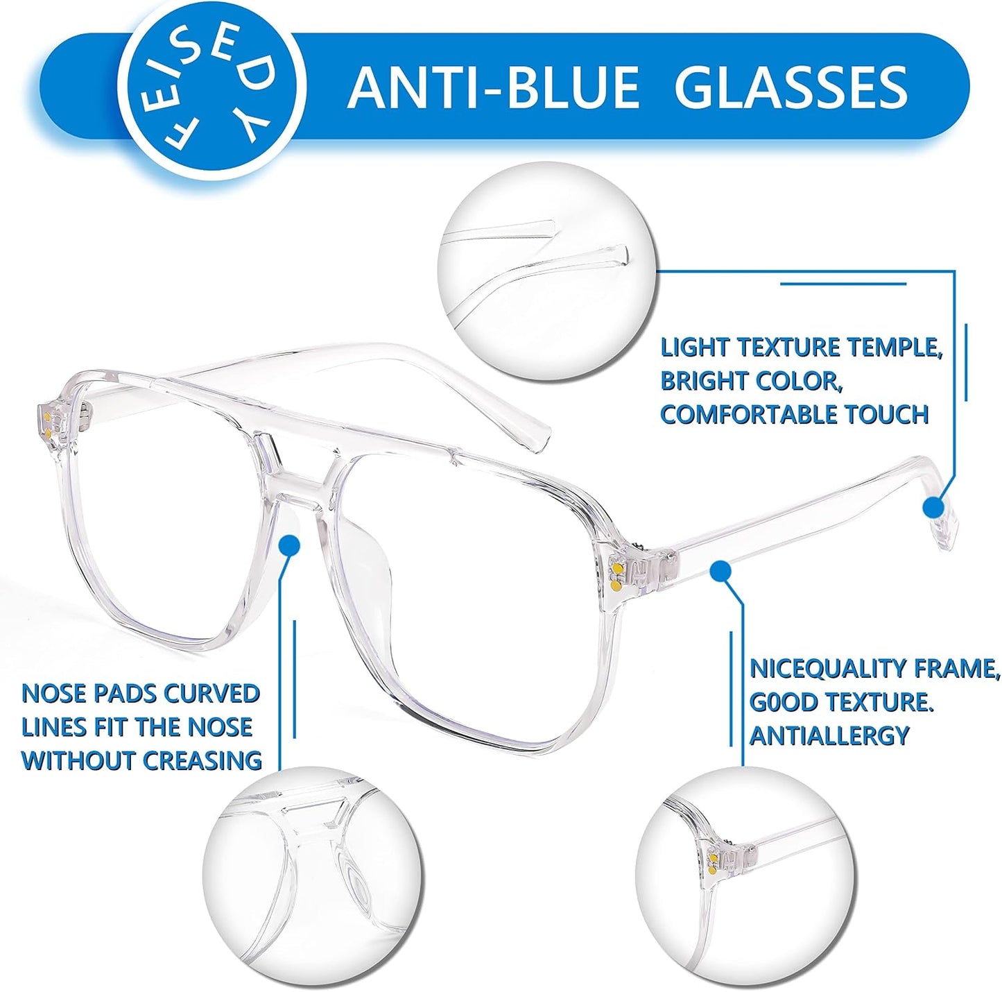 商品图片 34 | B0C6ZZXZ3F | FEISEDY Blue Light Glasses for Women Men Oversized Pilot Lightweight B2866