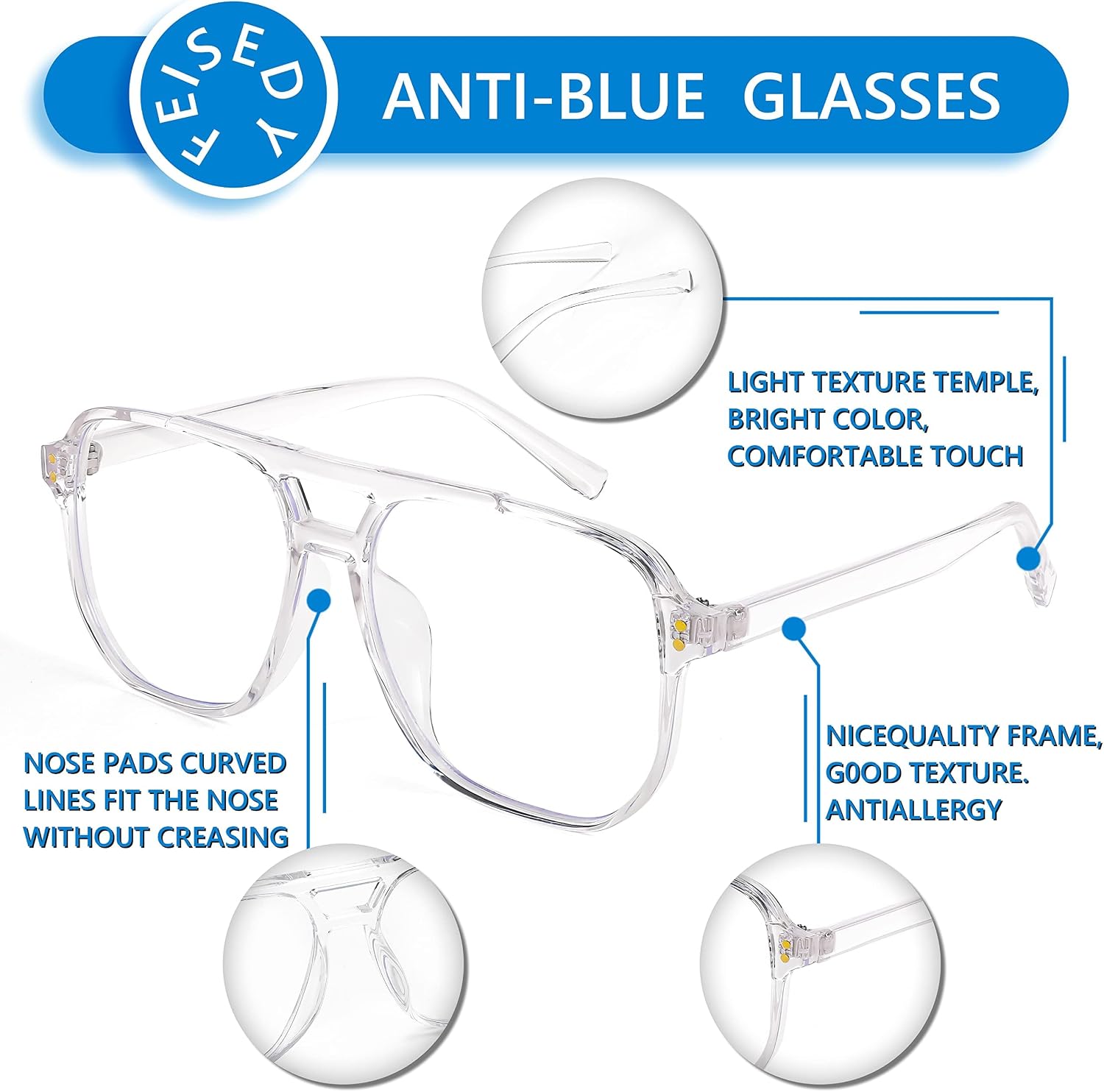 商品图片 34 | B0C6ZZXZ3F | FEISEDY Blue Light Glasses for Women Men Oversized Pilot Lightweight B2866
