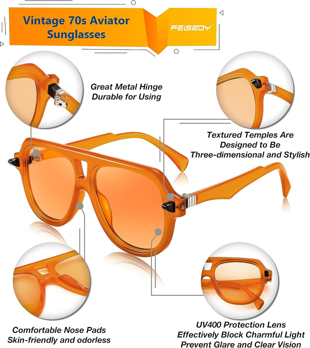 ÉÌƷͼƬ 20 | B0CDGNN3ZN | FEISEDY Vintage 70s Aviator Sunglasses Men Women Classic Retro Trendy Large Frame UV400 Sun Glasses B0030