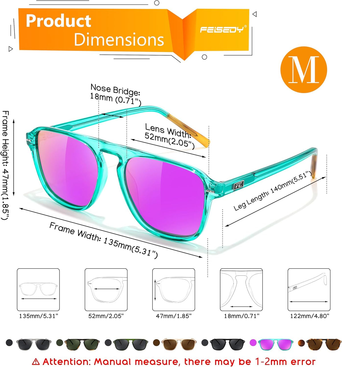 ÉÌƷͼƬ 14 | B0F4D461TF | FEISEDY Polarized Aviator Mens Sunglasses Square Modern Women Vintage Style Acetate Frame UV400 B0191