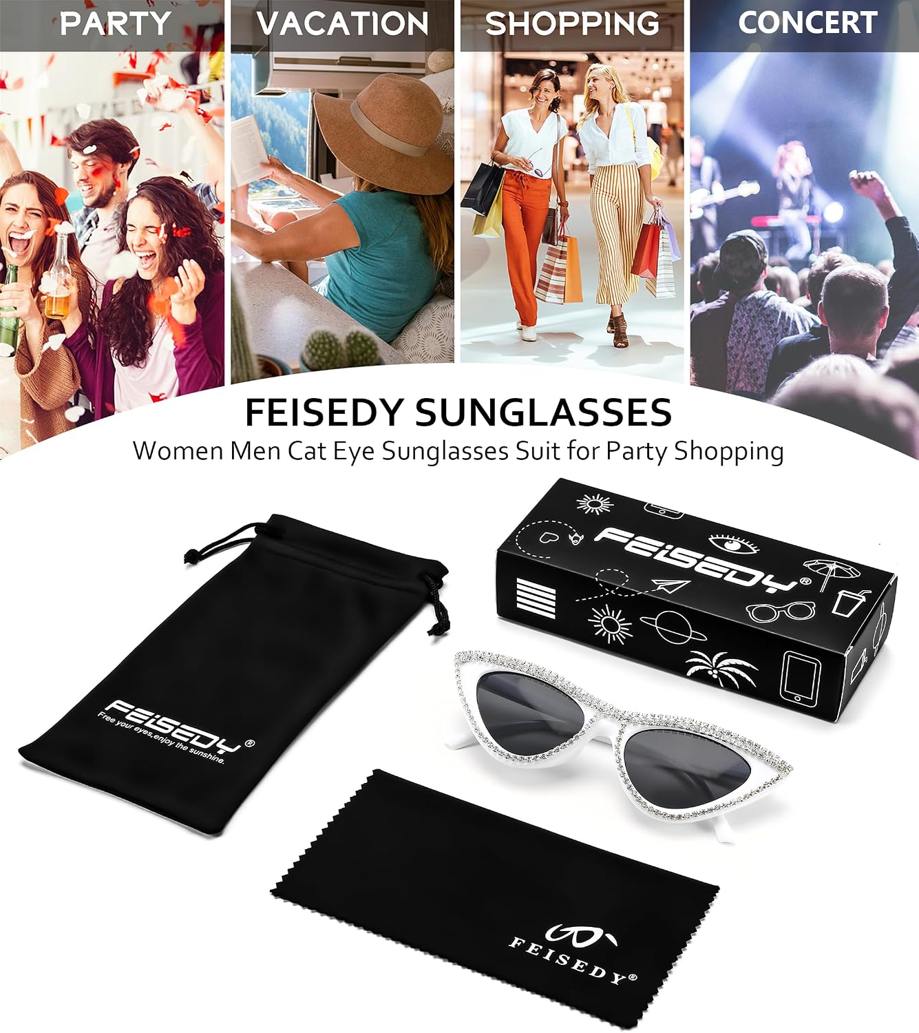 商品图片 15 | B0BZ7YMM4F | FEISEDY Oversized Women Cat Eye Rhinestone Sunglasses Costume Party B2360
