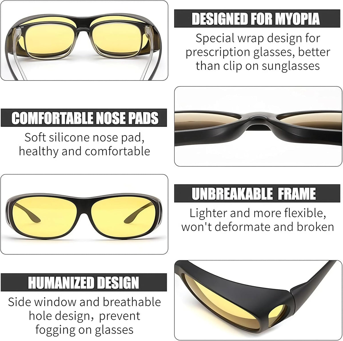 商品图片 3 | B0GL4JLQHK | Night Driving Glasses,Men Women Fit Over Sunglasses Worn Over Regular Glasses, Anti Glare Night Vision Goggles Yellow Lens