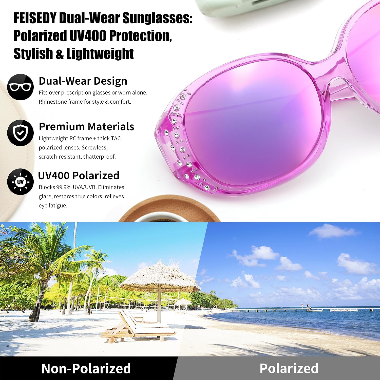 商品图片 24 | B0GRVLVZYS | FEISEDY Women's Polarized Wrap-Around Fit Over Sunglasses with Rhinestones, Anti-Glare Driving Sun Glasses B0362