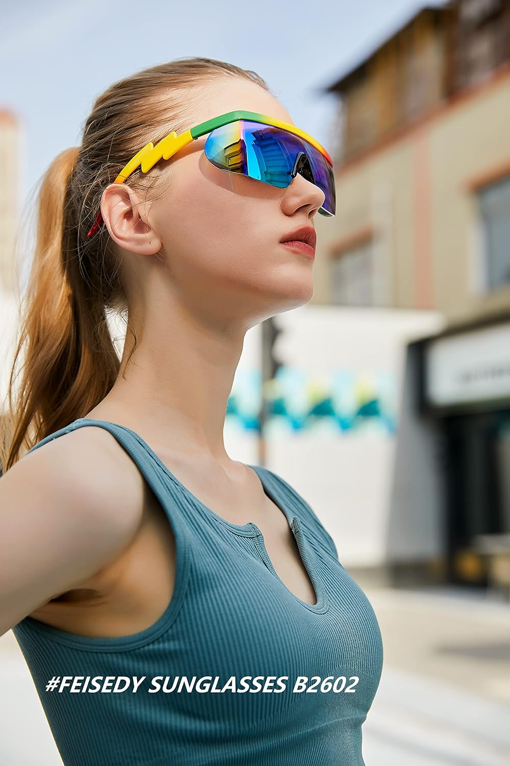 商品图片 19 | B096SD9GGG | FEISEDY Oversized Mirror Shield Sport 80s Sunglasses Ski Goggles Flat Top One Piece Futuristic Visor Women Men B2522