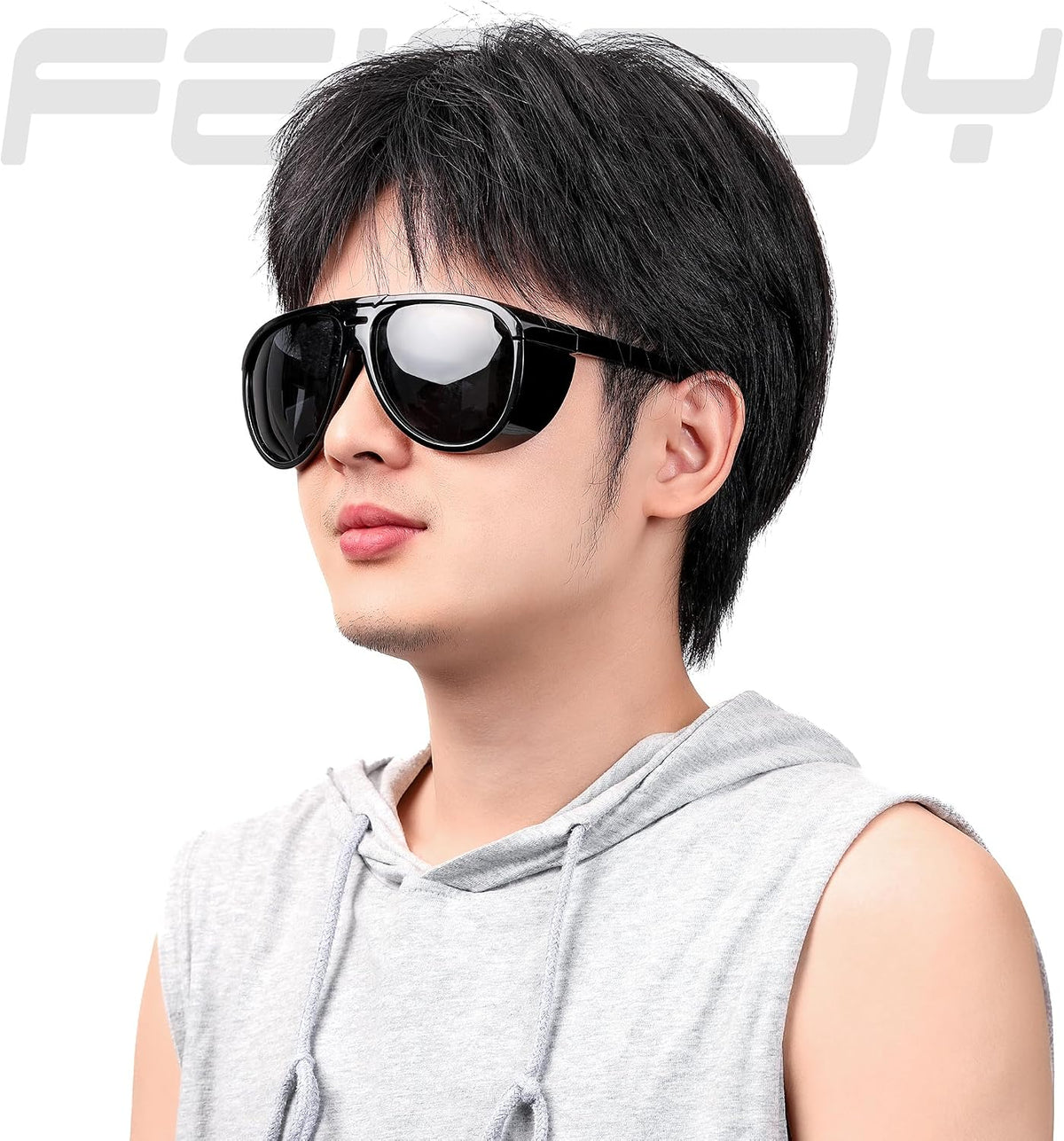 ÉÌƷͼƬ 3 | B0CT5M1L9R | FEISEDY Polarized Aviator Sunglasses Men Women Oversized Round Steampunk Sunglasses Side Shield Goggles B0095