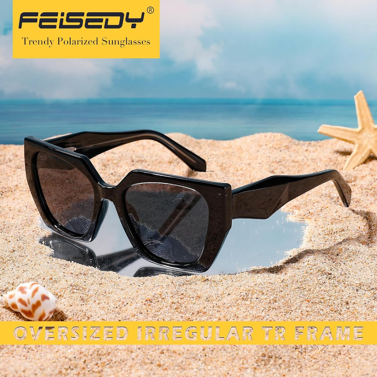商品图片 40 | B0CNCTSQ2Z | FEISEDY Trendy Polarized Sunglasses, Oversized Irregular TR Frame for Women Men, Retro Shades UV400 B0016