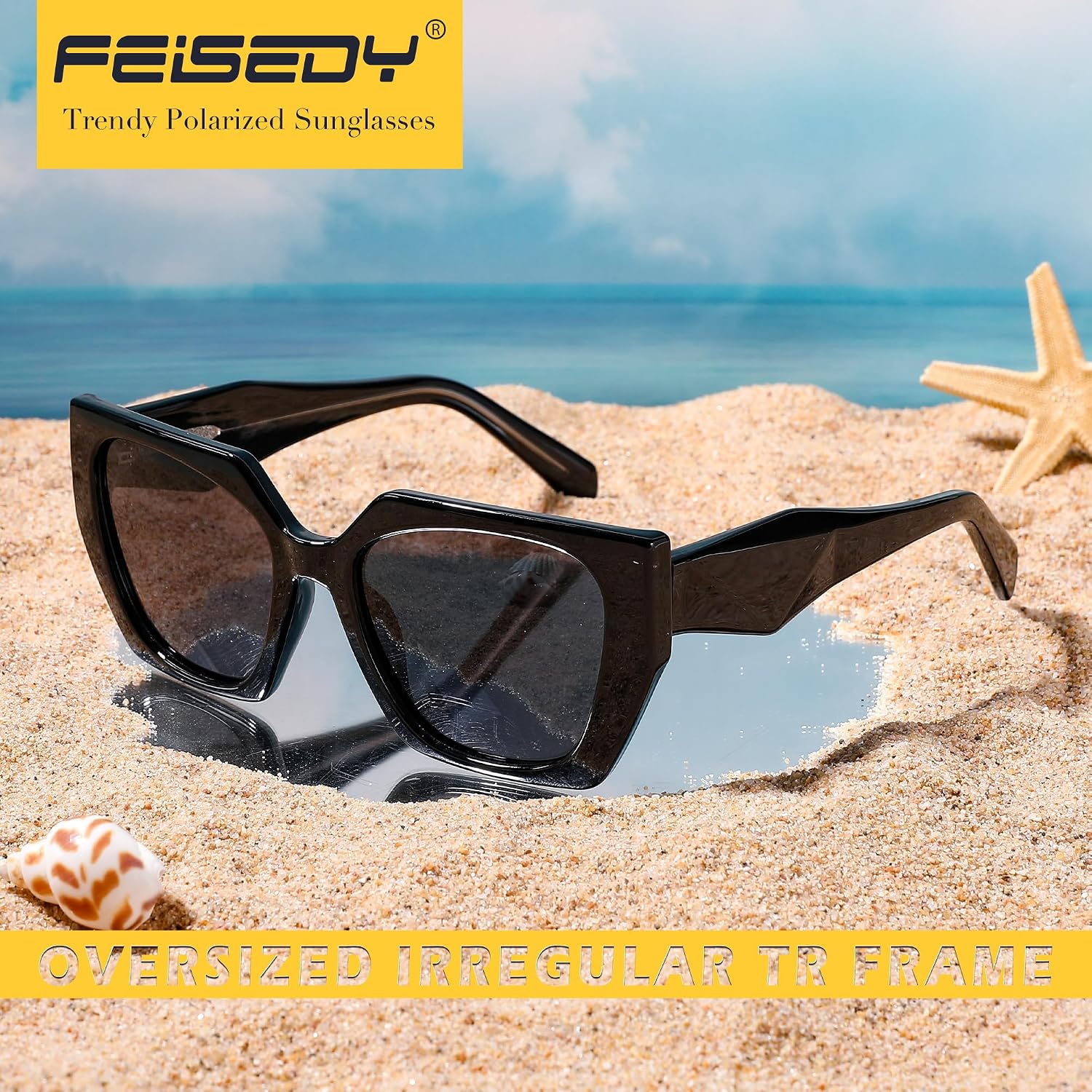 商品图片 40 | B0CNCTSQ2Z | FEISEDY Trendy Polarized Sunglasses, Oversized Irregular TR Frame for Women Men, Retro Shades UV400 B0016