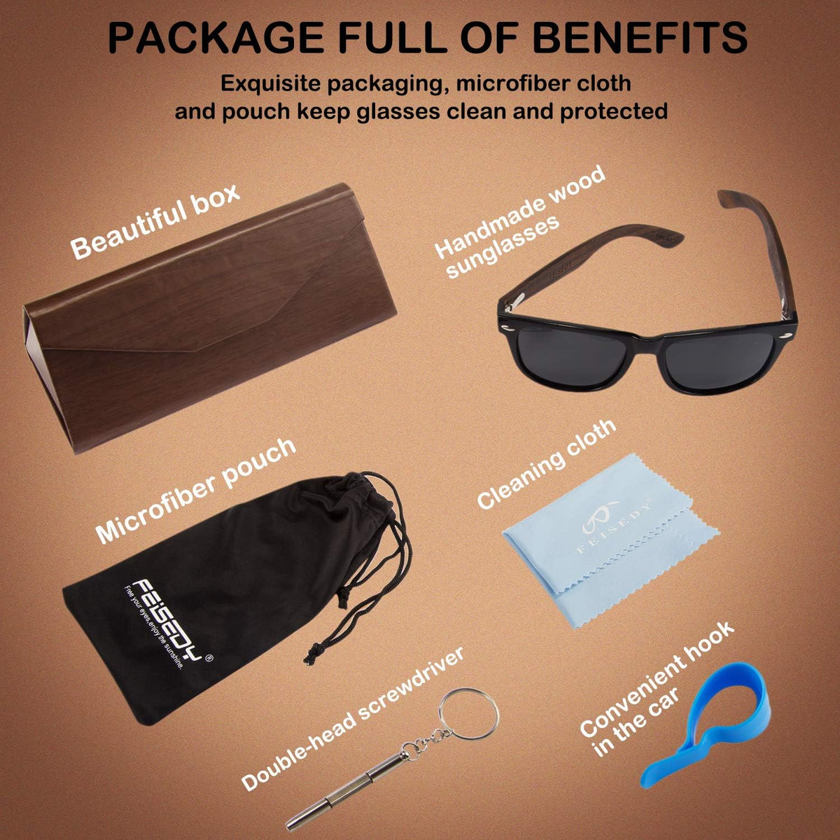 商品图片 42 | B07J2YHS4L | FEISEDY Polarized Wood Sunglasses Women Men HD UV400 Driving Fishing Golf Sunglasses B2448