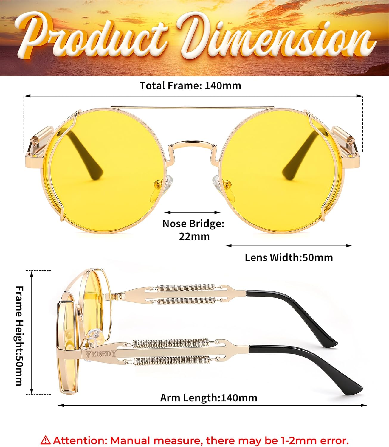 商品图片 34 | B0BD4MSMZQ | FEISEDY Aviator Sunglasses for Men Women Steampunk Round Metal Frame B2351