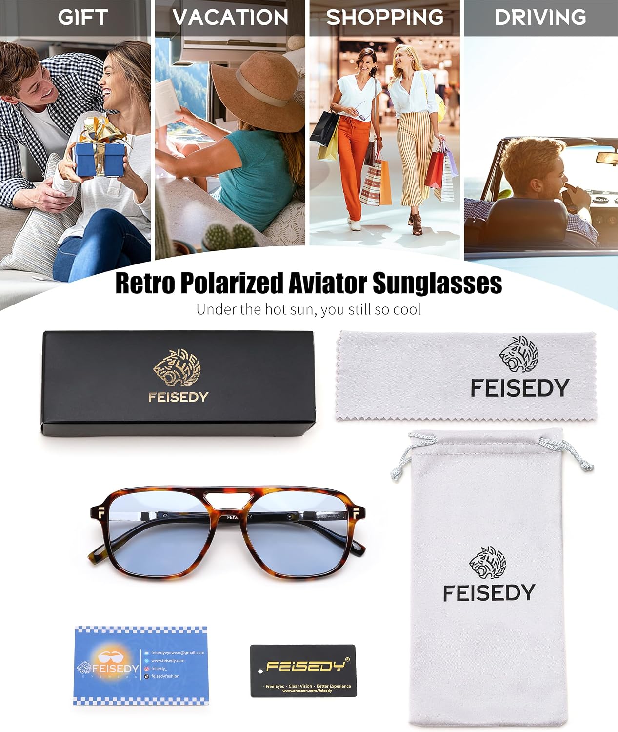 商品图片 49 | B0H2V9BFS5 | FEISEDY Retro Polarized Aviator Square Sunglasses for Women Men UV400 B0357