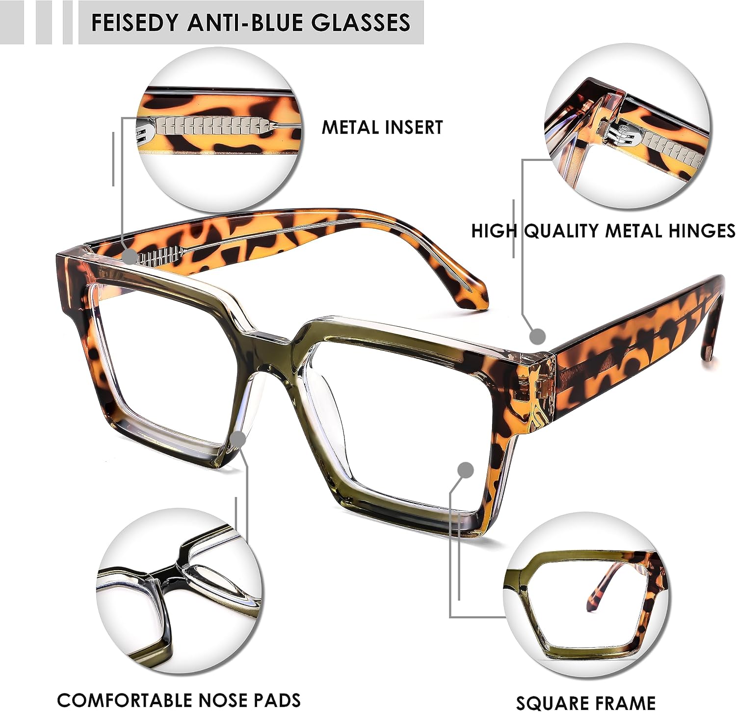 商品图片 31 | B0CDBH37B5 | FEISEDY Oversized Blue Light Glasses for Women Men TR90 Retro Square Anti Eyestrain Glasses Rectangle Fashion Frame B0037