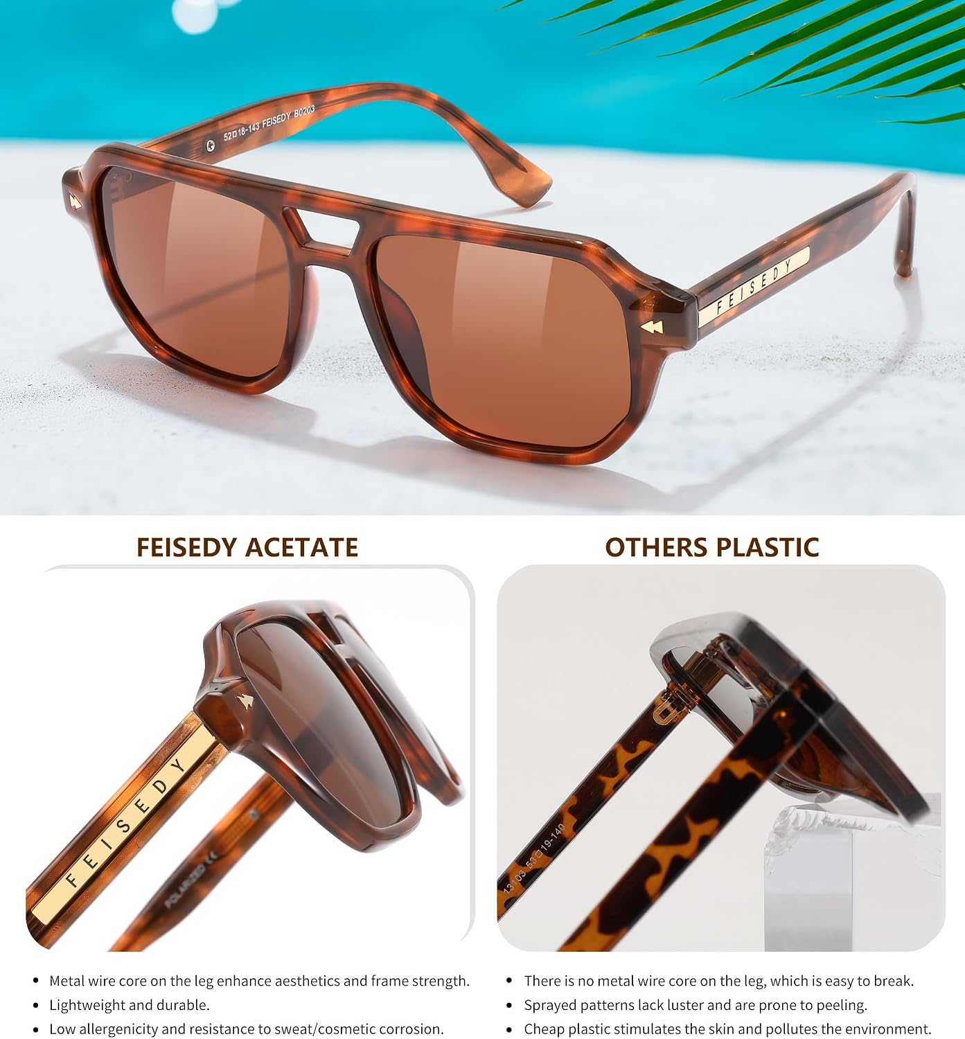 商品图片 46 | B0DSH2BVX5 | FEISEDY Polarized Aviator Sunglasses Men Women, Retro 70s Style Design - UV400 Protection, Driving & Daily Wear B0203