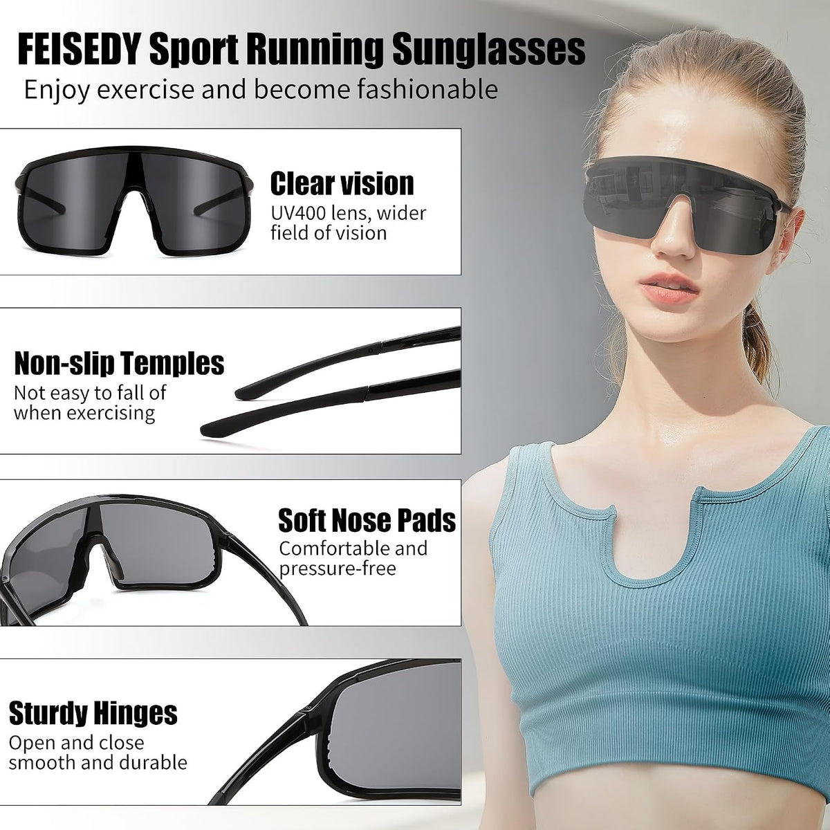 ÉÌƷͼƬ 26 | B0DGTRTMPX | FEISEDY Sports Sunglasses for Men and Women, Large Rectangular Lens, Baseball Cycling Running Sunglasses B0243