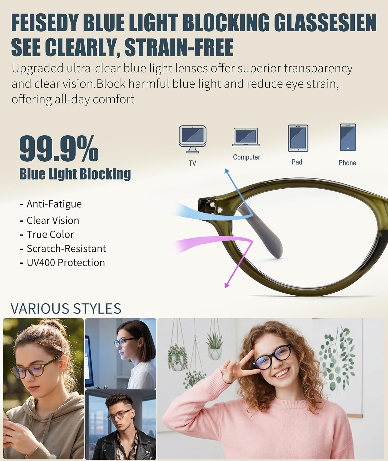 商品图片 16 | B0GV3QRRGW | FEISEDY Oval Cat Eye Blue Light Blocking Glasses for Women Clear Lens B0395