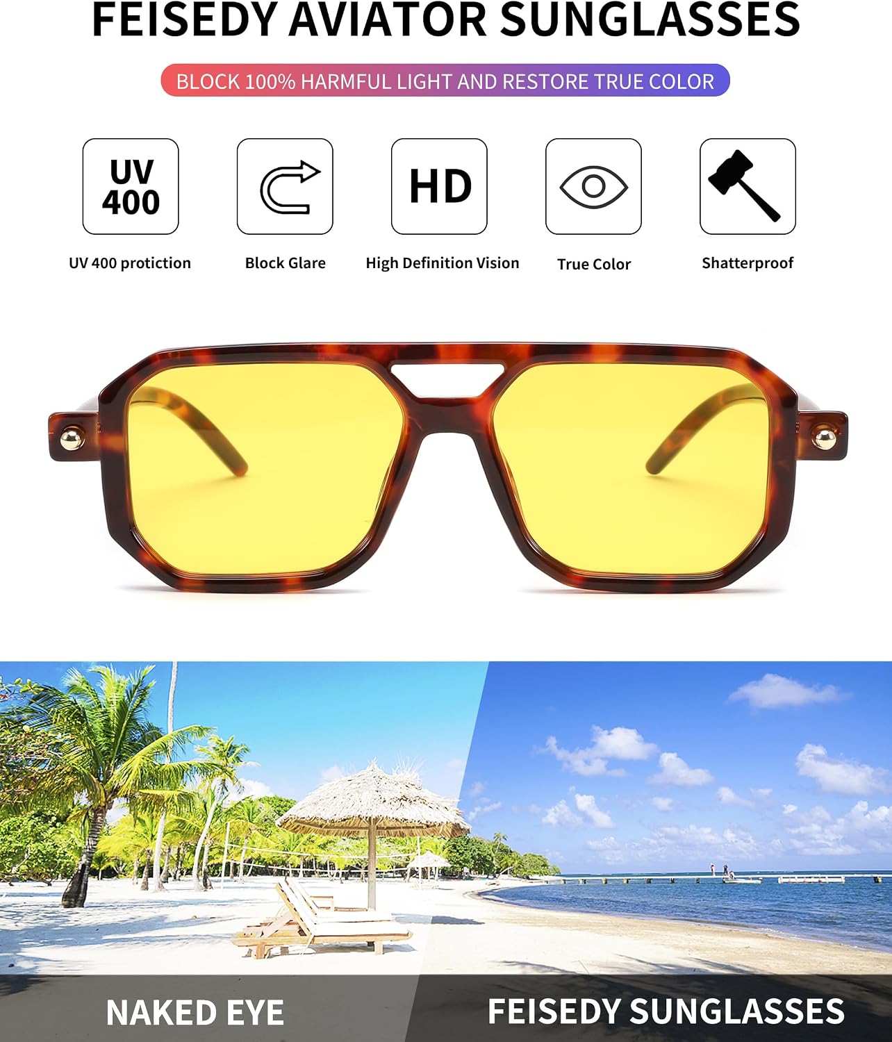 商品图片 177 | B09YTJ4FQZ | FEISEDY Vintage Square 70s Flat Aviator Sunglasses Women Men Classic Retro Stylish Frame UV400 Sunglasses B2622