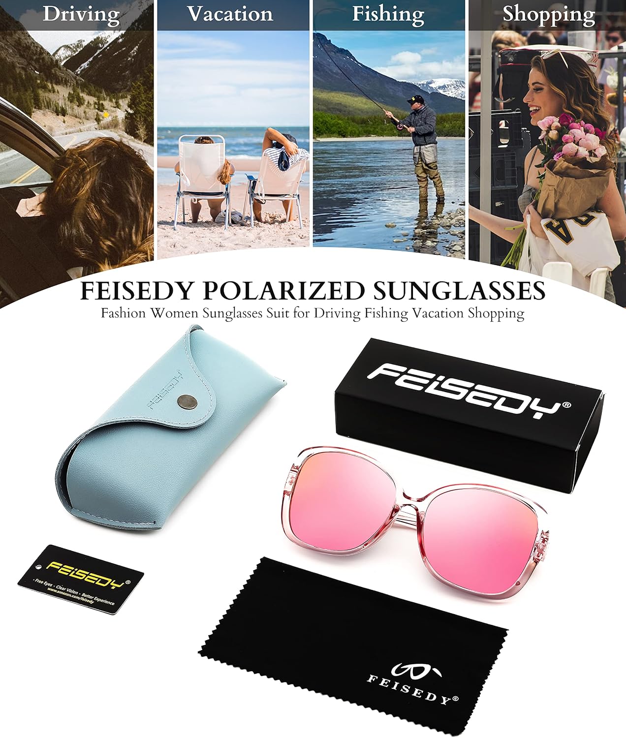 商品图片 29 | B0BJ71VZCB | FEISEDY Women's Fashion Sunglasses, Oversized Square Frame with Pearl Sparkling, Polarized UV Protection B2821