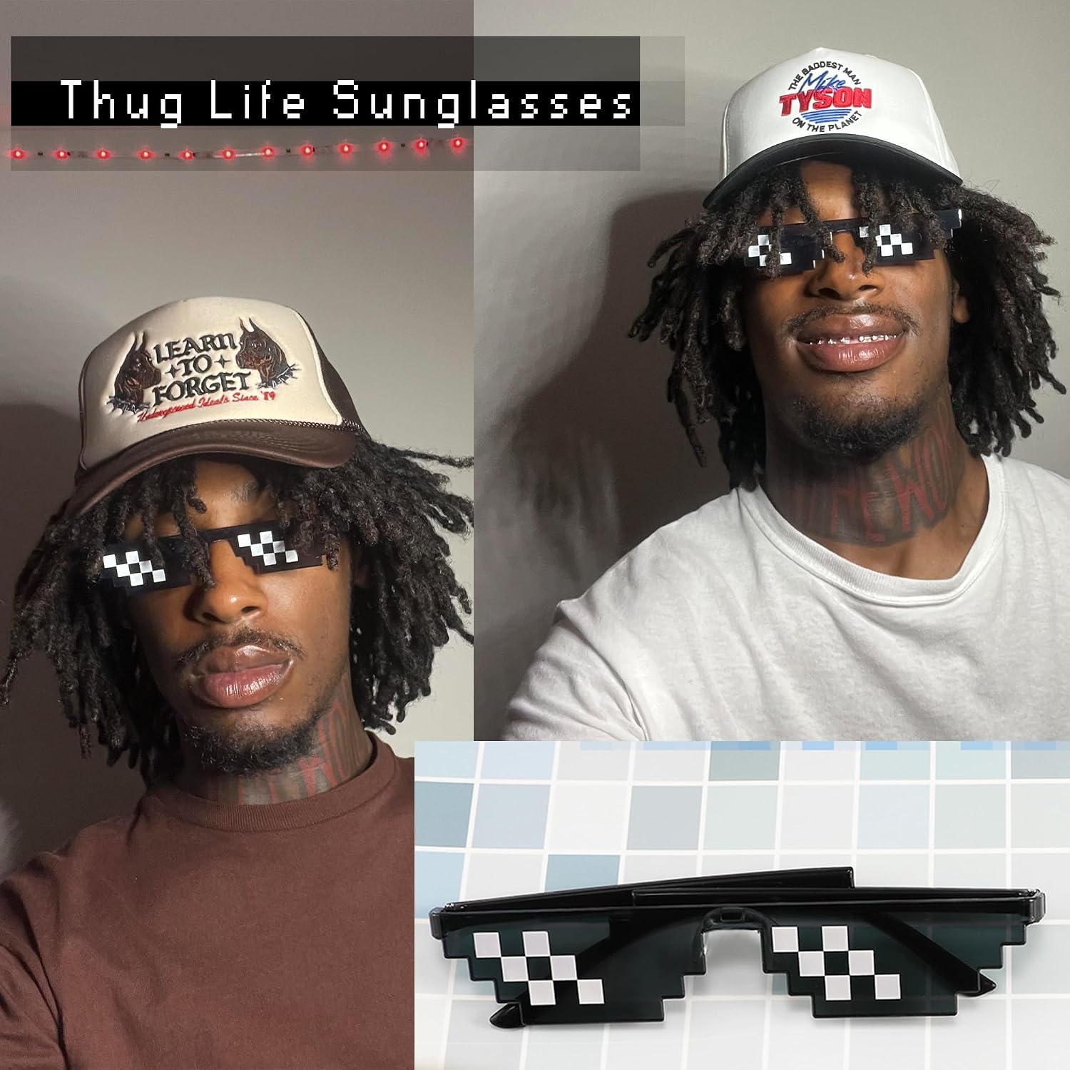商品图片 2 | B09SCSCKL3 | FEISEDY 2PACK Thug Life Sunglasses Funny Pixelated Mosaic Gamer Glasses Party Disco Cool B2876-F2