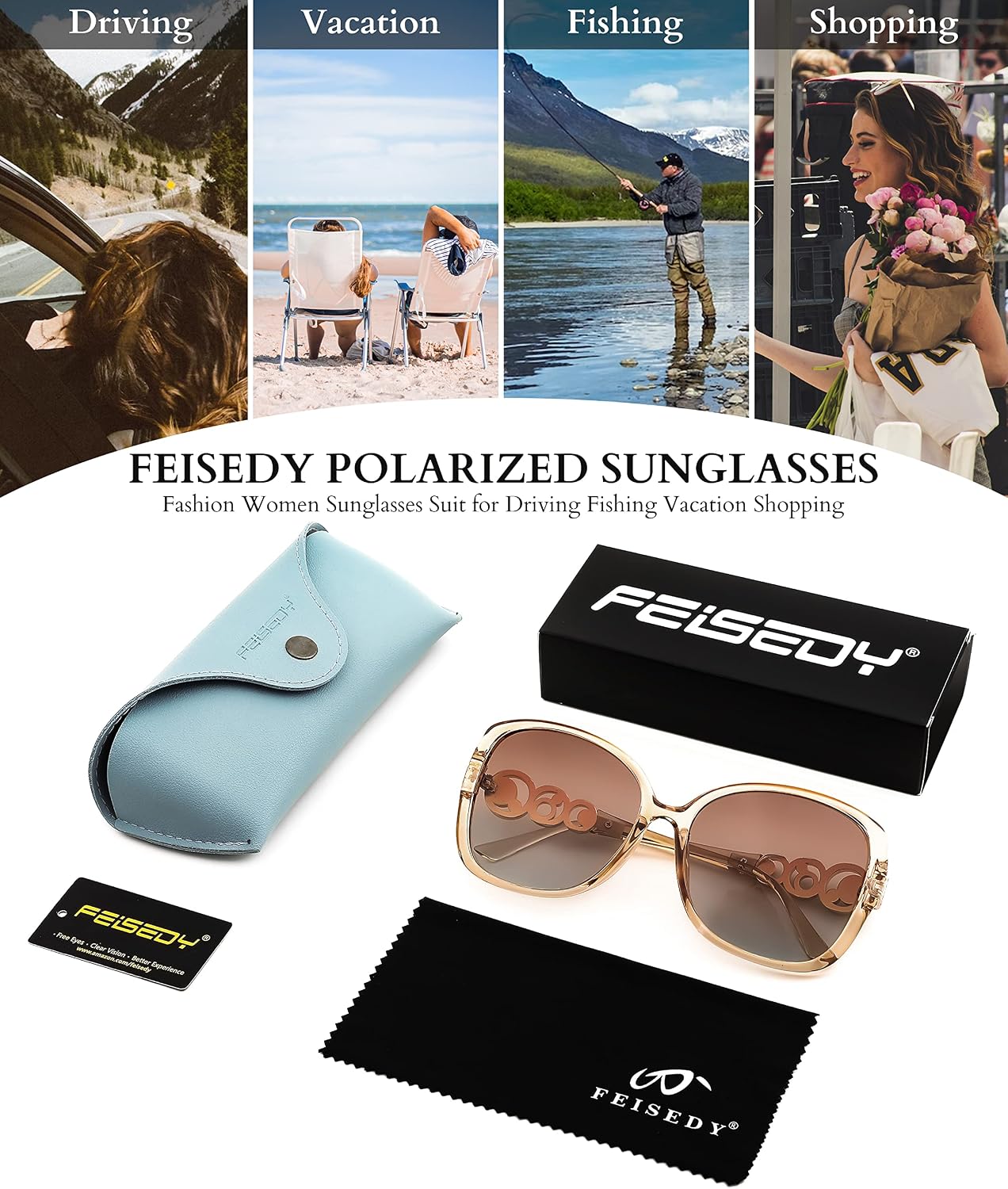 商品图片 39 | B0BJ71VZCB | FEISEDY Women's Fashion Sunglasses, Oversized Square Frame with Pearl Sparkling, Polarized UV Protection B2821