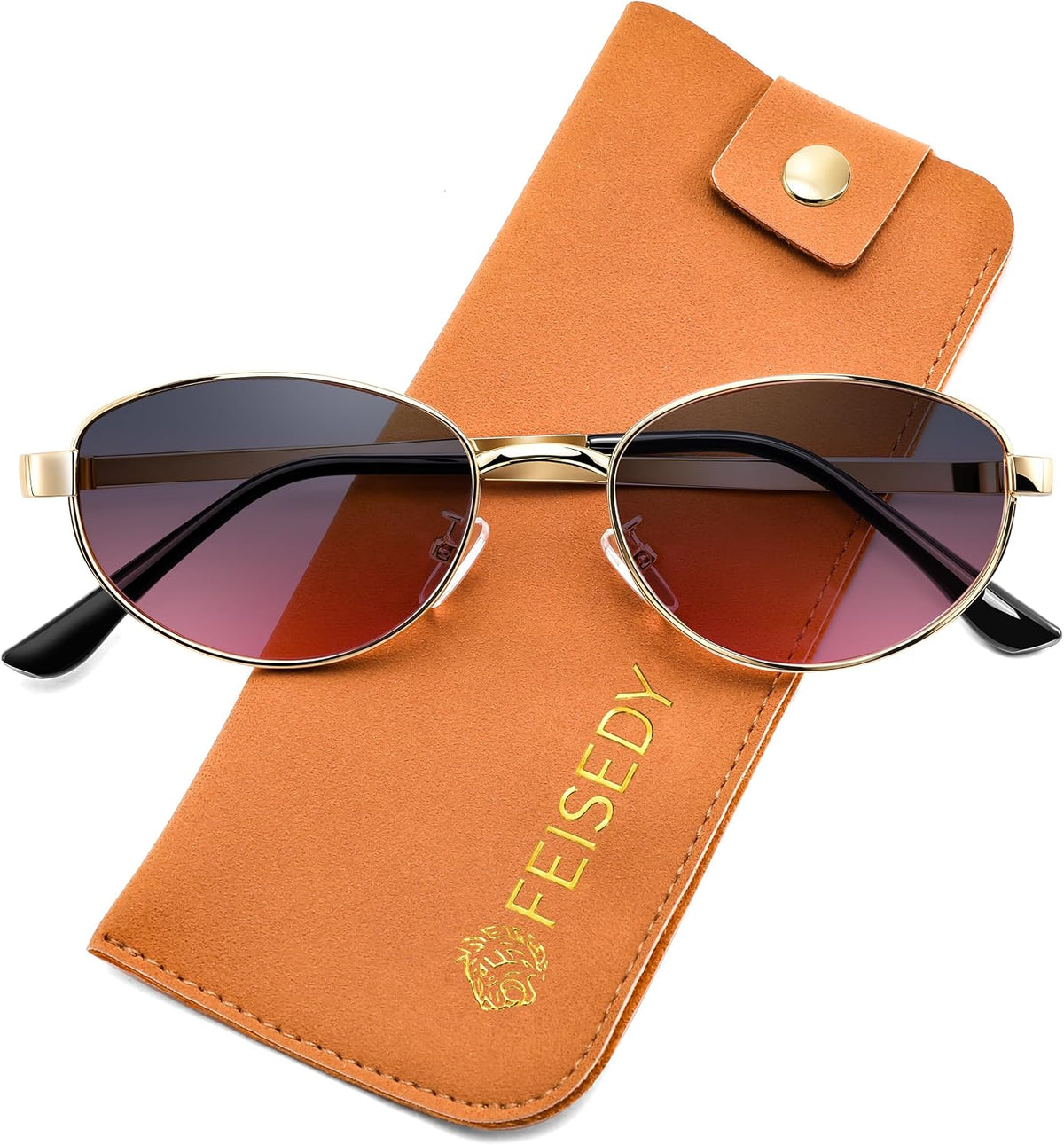 Gold Frame + Pink Lens / 54 Millimeters | B0GVDSXHWJ | FEISEDY Oval Metal Sunglasses for Women and Men, Classic UV400 Protection Shades Retro Trendy Driving Fishing Eyewear B0430