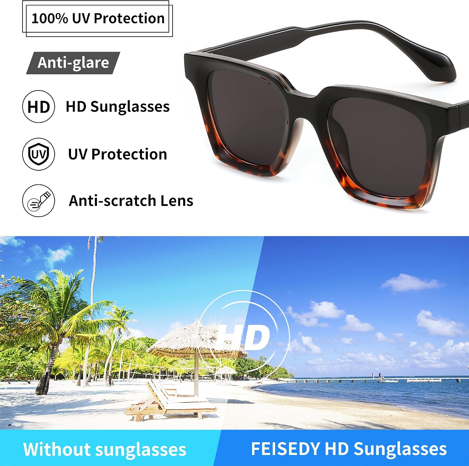 商品图片 13 | B0D7CC769X | FEISEDY Retro Square Sunglasses Women Men Trendy Rectangle Thick Frame Shades Classic Designer Sun Glasses B0198