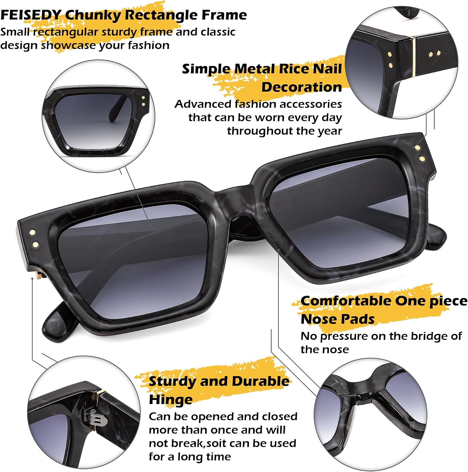 商品图片 4 | B0CHMMTXNK | FEISEDY Retro Rectangle Sunglasses Trendy Chunky Square Sun Glasses for Women Men UV400 Protection B0073