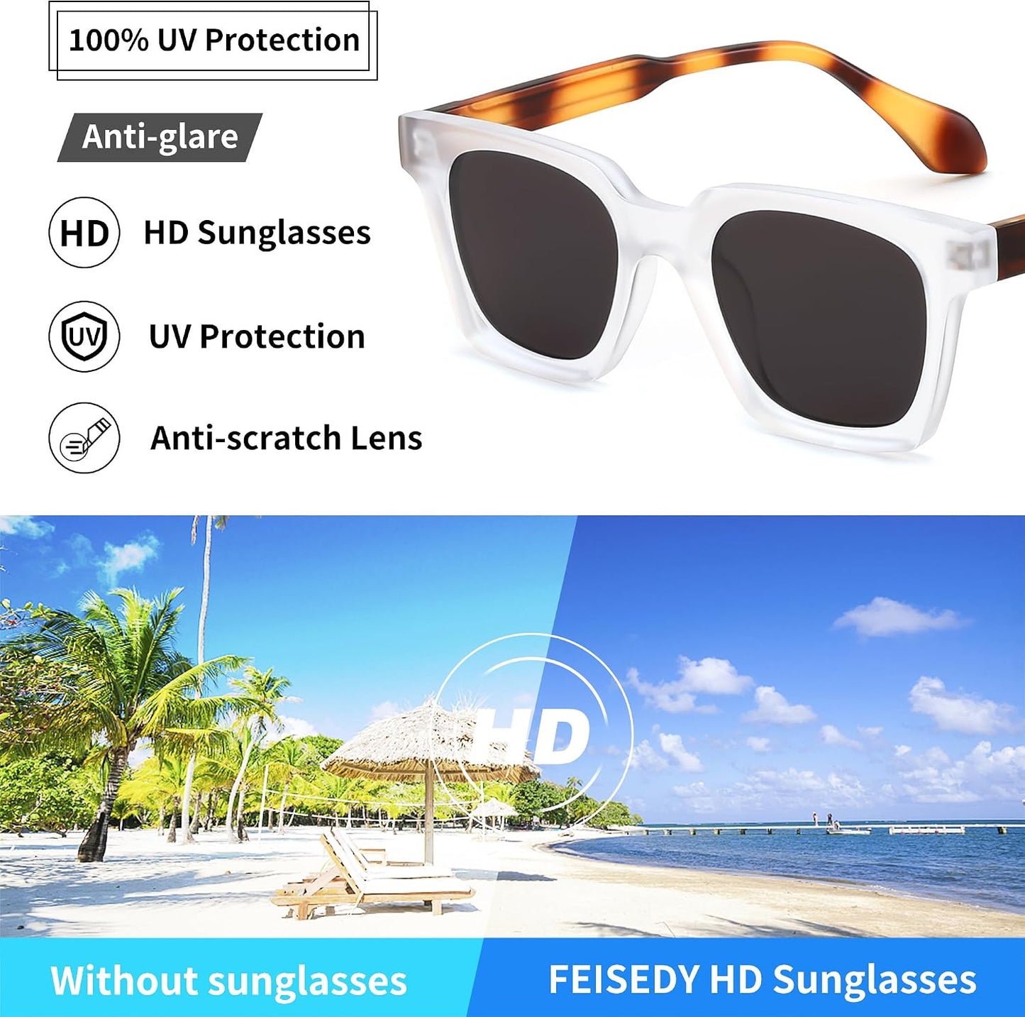 商品图片 34 | B0D7CC769X | FEISEDY Retro Square Sunglasses Women Men Trendy Rectangle Thick Frame Shades Classic Designer Sun Glasses B0198