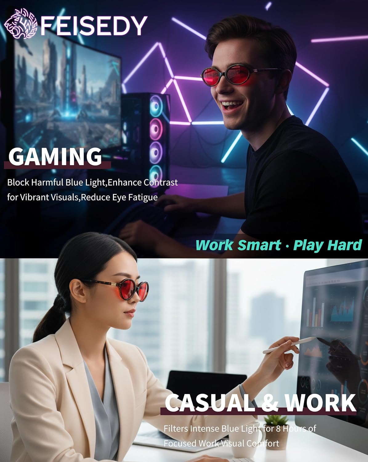 ÉÌƷͼƬ 14 | B0GRTTF33N | FEISEDY Oval Blue Light Glasses for Women Men, Red Lens Anti-Blue Light, Fashion Computer Gaming Eyeglasses B0415