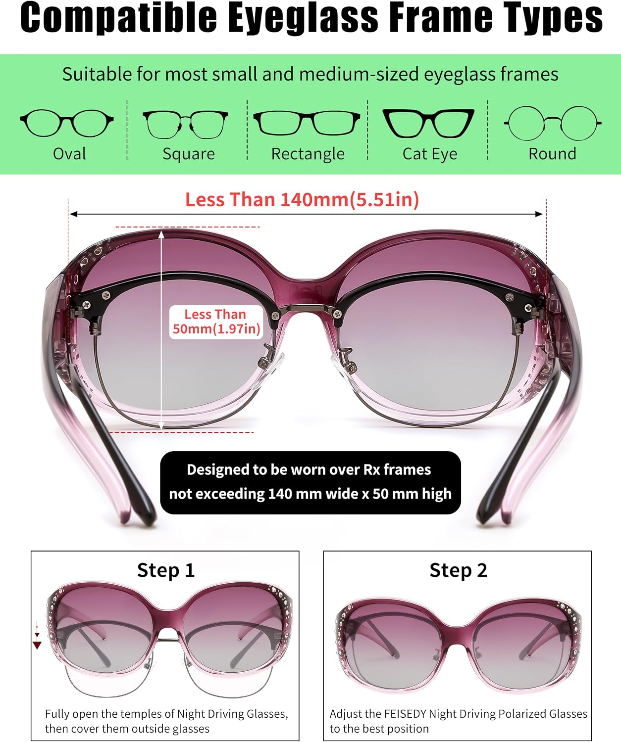 商品图片 4 | B0GRVLVZYS | FEISEDY Women's Polarized Wrap-Around Fit Over Sunglasses with Rhinestones, Anti-Glare Driving Sun Glasses B0362