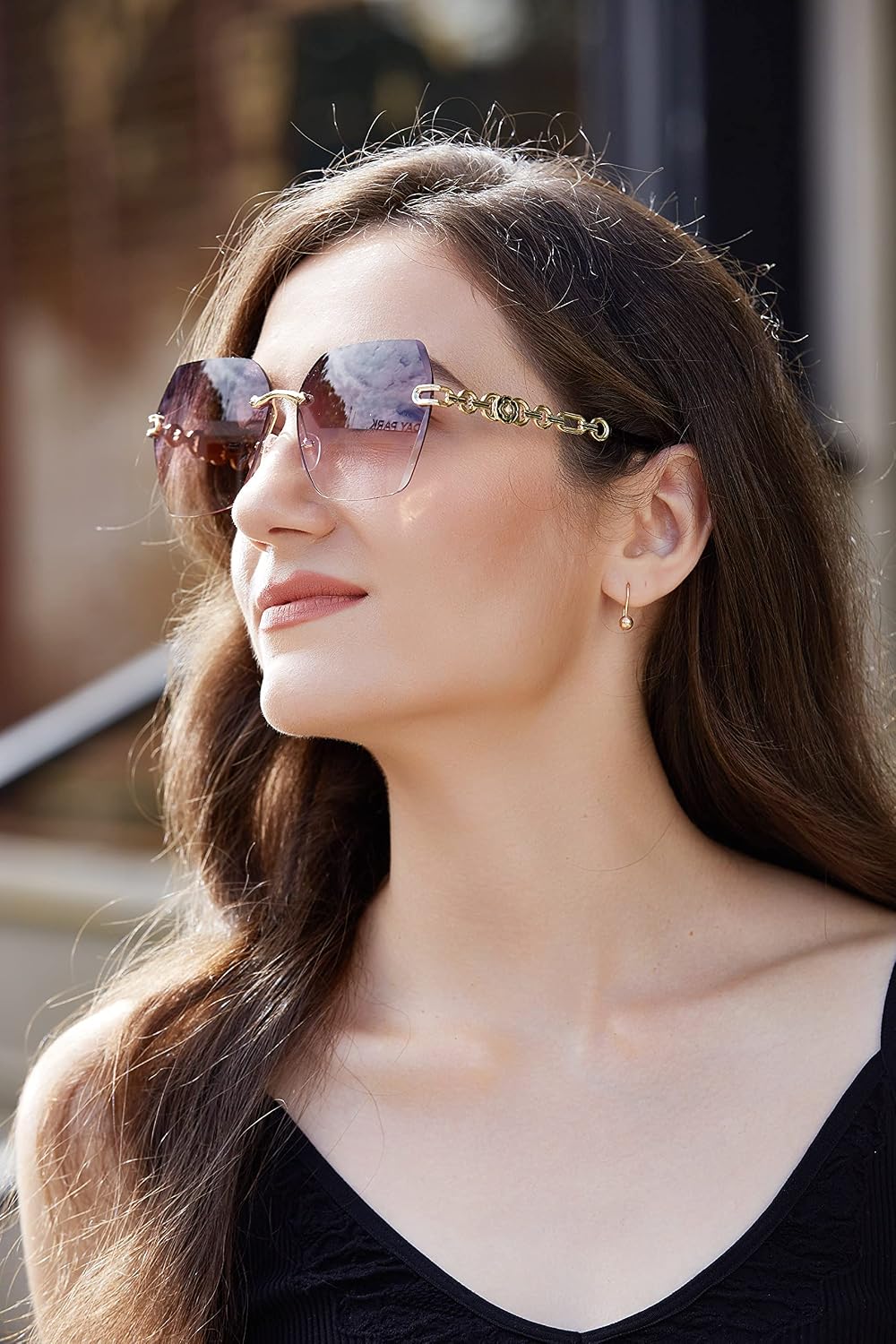 商品图片 26 | B083VRLS2Q | FEISEDY Classic Rimless Sunglasses Women Metal Frame Diamond Cutting Lens Sun Glasses B2567