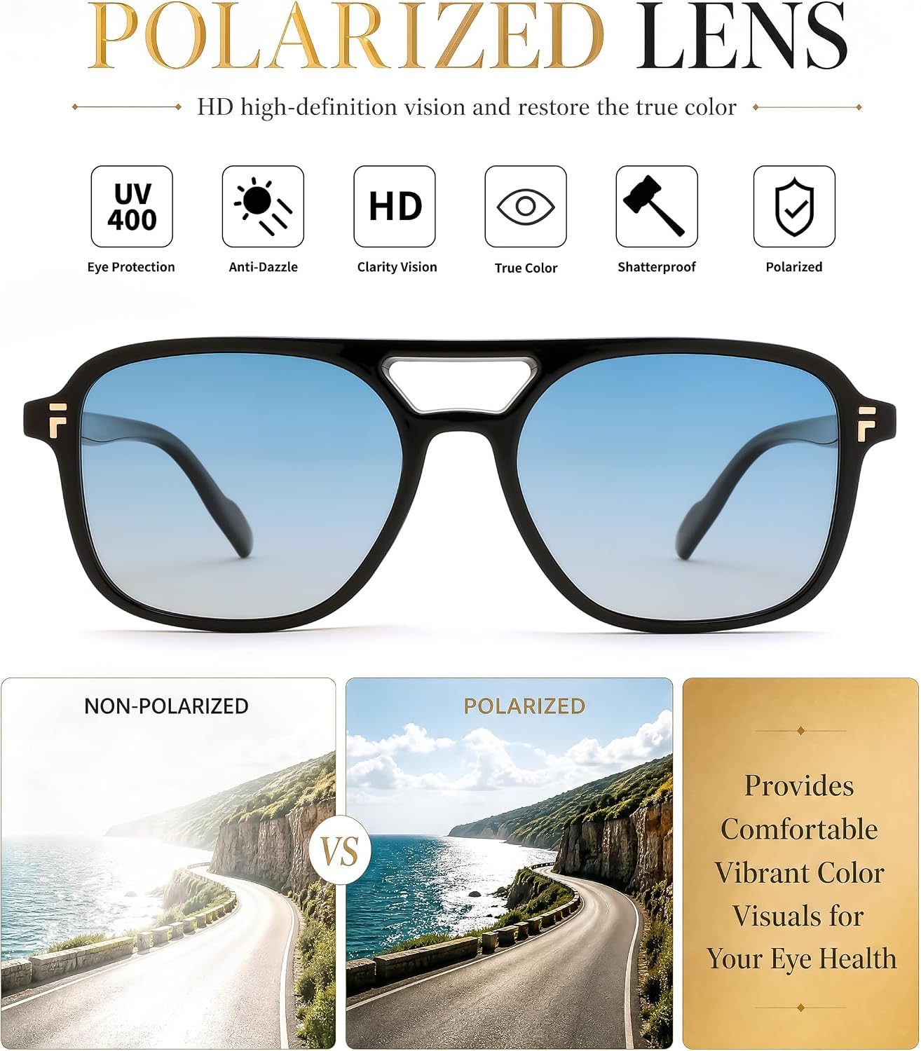 商品图片 4 | B0H2V9BFS5 | FEISEDY Retro Polarized Aviator Square Sunglasses for Women Men UV400 B0357