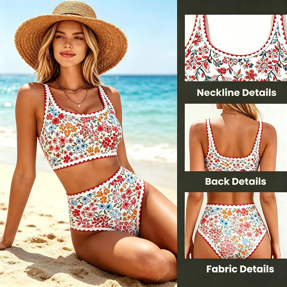 商品图片 5 | B0GWZVM7MG | High Waisted Bikini Sets for Women, 2 Piece Floral Whip Stitch Slim Fit Swimsuits, Scoop Neck Tummy Control Bathing Suits