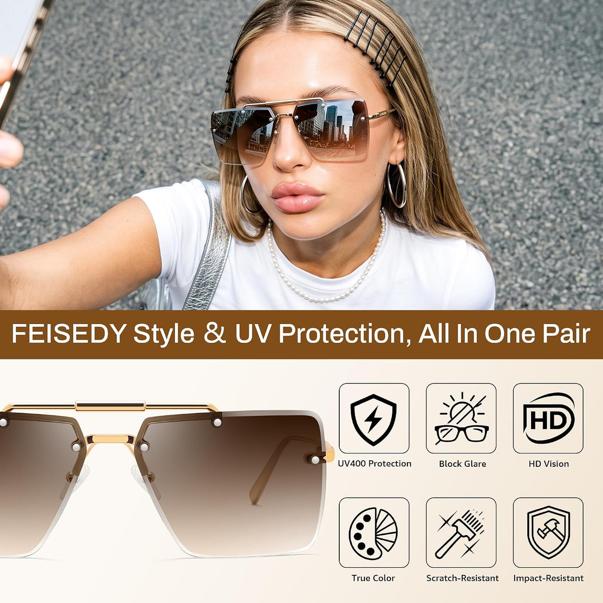 商品图片 26 | B0HFJXV98G | FEISEDY Rimless Aviator Sunglasses for Women Men Luxury UV400 Shades