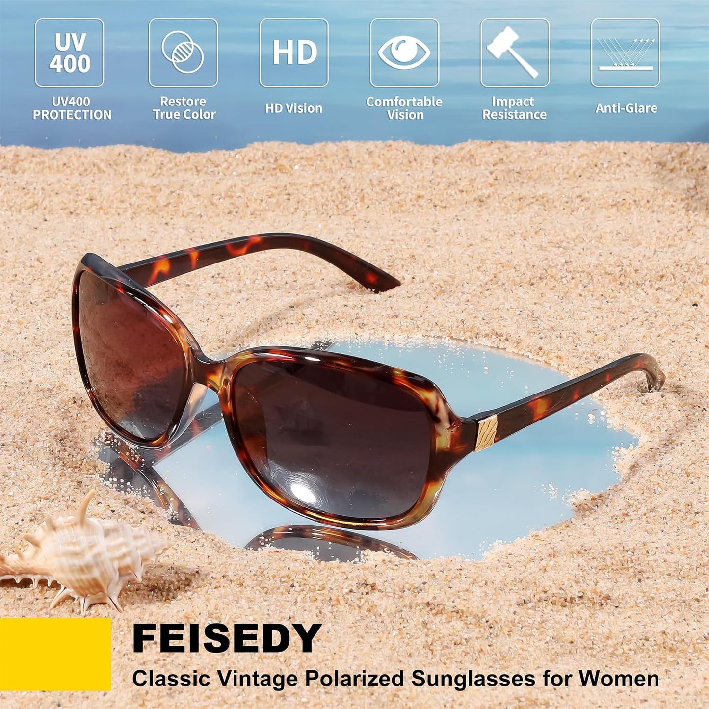 商品图片 33 | B0FZKDK786 | FEISEDY Polarized Sunglasses for Women Classic Vintage UV400 Shade | Trendy Square Wraparound Ladies Sun Glasses B0309