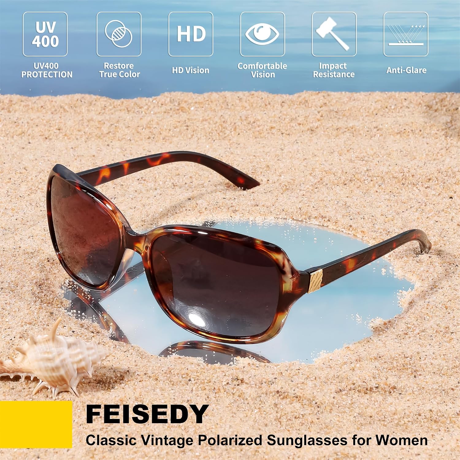 商品图片 33 | B0FZKDK786 | FEISEDY Polarized Sunglasses for Women Classic Vintage UV400 Shade | Trendy Square Wraparound Ladies Sun Glasses B0309
