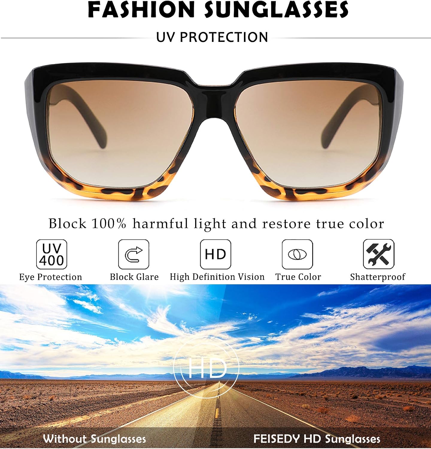 商品图片 11 | B08PD9KPH8 | FEISEDY Women Retro Square Sunglasses Trendy Shield Flat Top Shades B2717