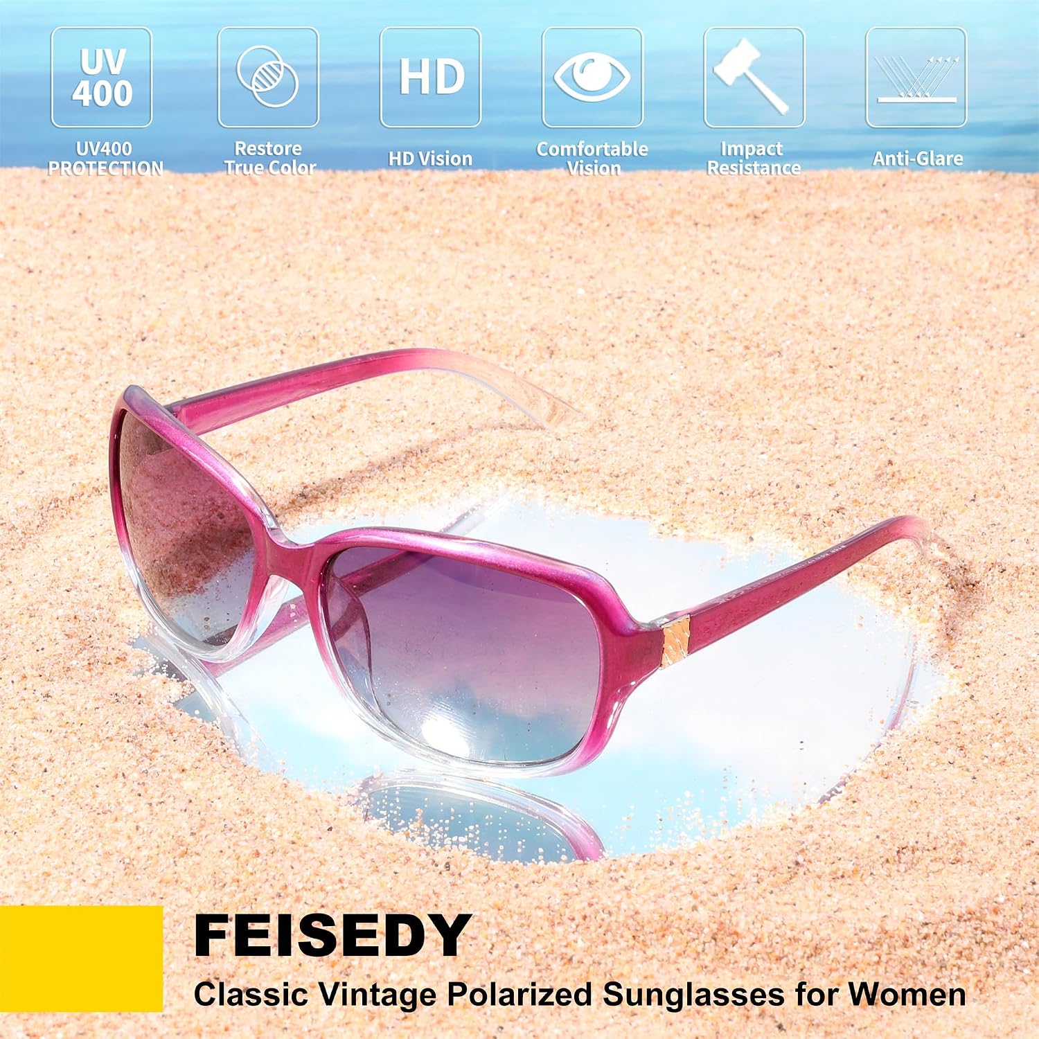商品图片 20 | B0FZKDK786 | FEISEDY Polarized Sunglasses for Women Classic Vintage UV400 Shade | Trendy Square Wraparound Ladies Sun Glasses B0309
