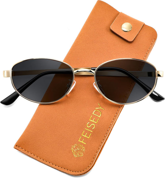 Gold Frame + Grey Lens / 54 Millimeters | B0GVDQNHD2 | FEISEDY Oval Metal Sunglasses for Women and Men, Classic UV400 Protection Shades Retro Trendy Driving Fishing Eyewear B0430