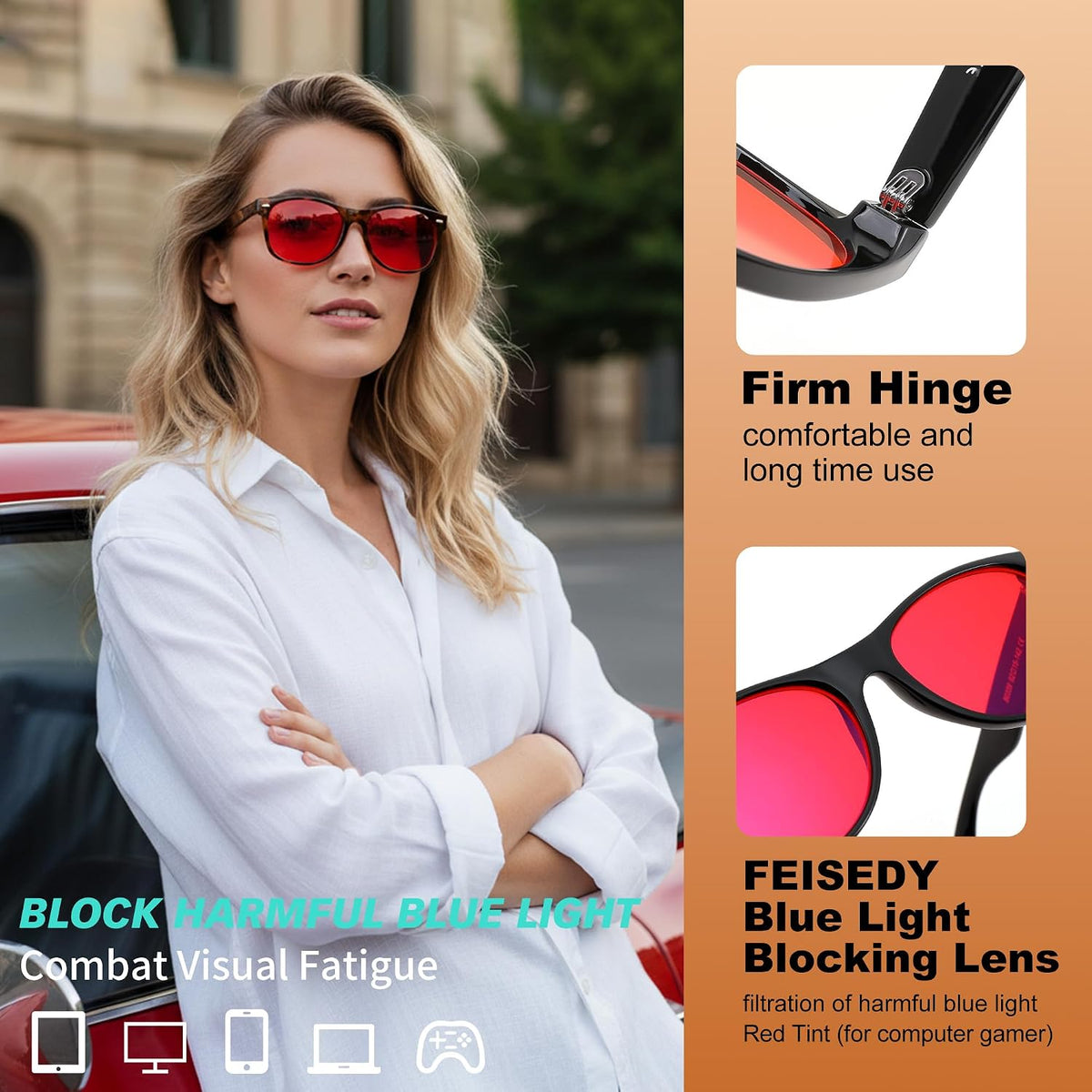 ÉÌƷͼƬ 15 | B0GK2PTMMH | FEISEDY Orange/Red Classic Blue Light Blocking Glasses for Women Men B0339