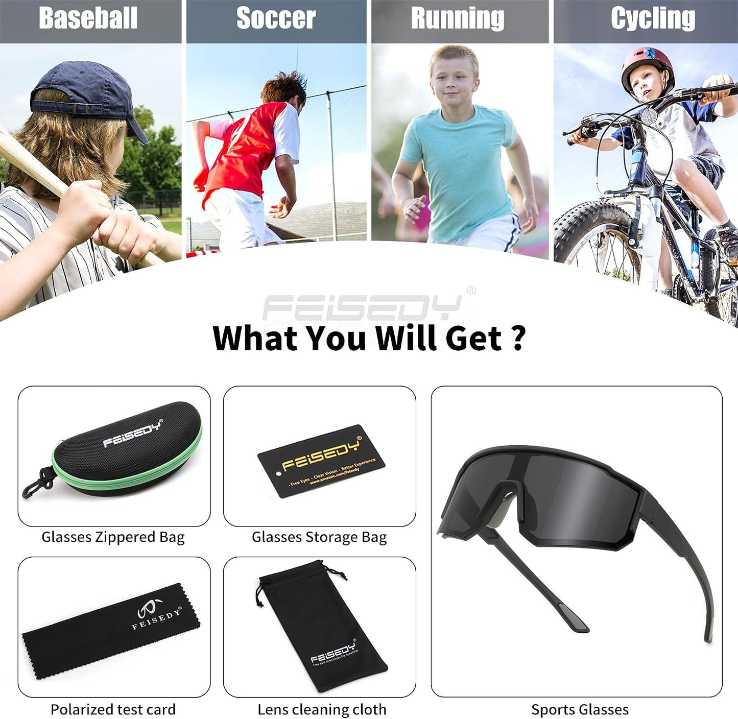商品图片 34 | B0D95W5582 | FEISEDY Kids Sunglasses Youth Baseball Polarized Sunglasses Sports Lightweight TR90 Frame Boys Girls Cycling B0213