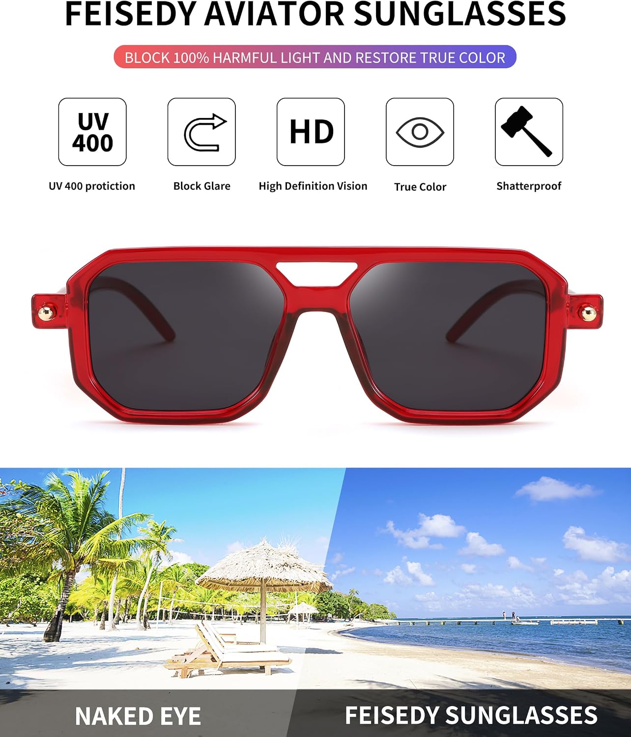 商品图片 100 | B09YTJ4FQZ | FEISEDY Vintage Square 70s Flat Aviator Sunglasses Women Men Classic Retro Stylish Frame UV400 Sunglasses B2622