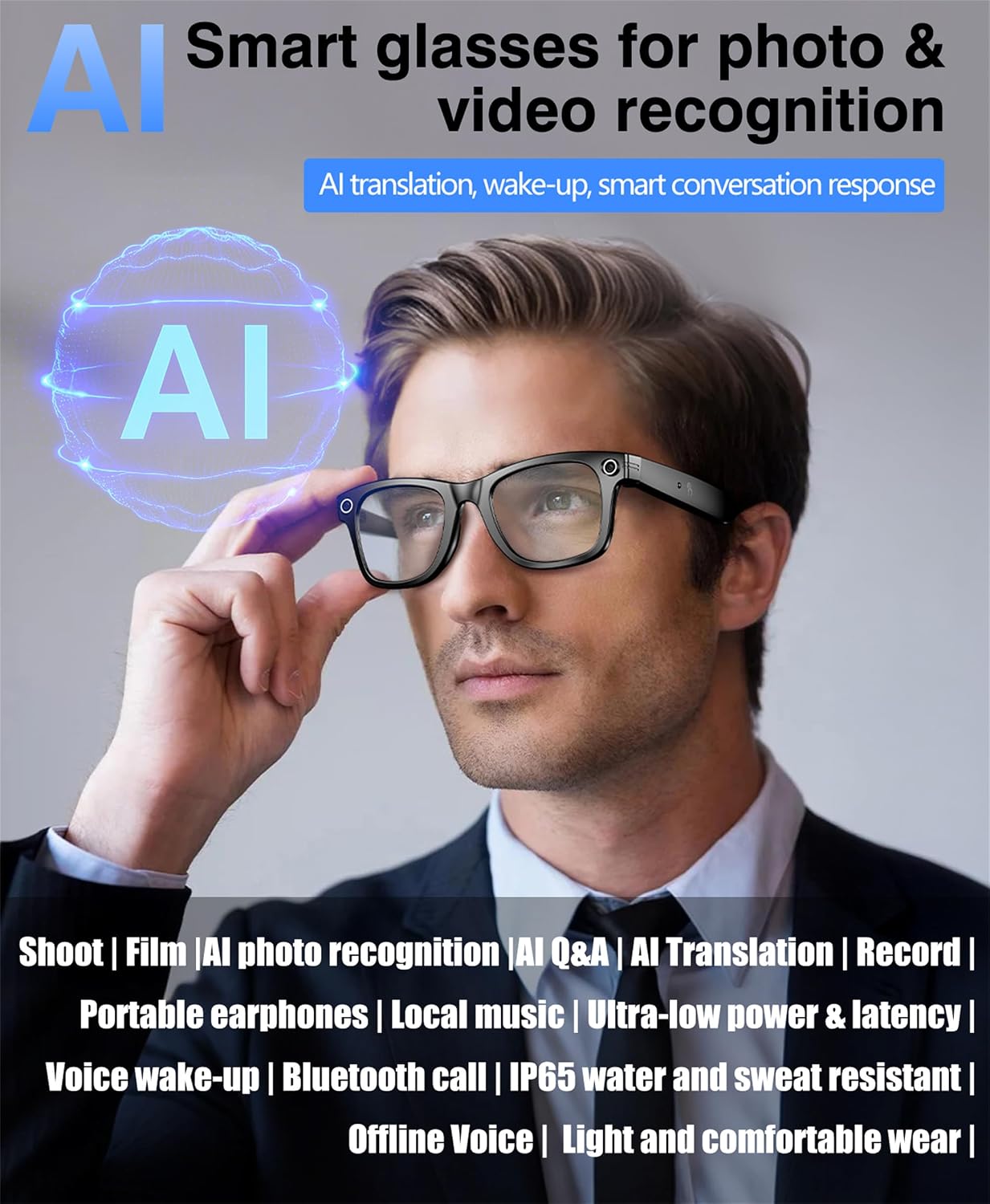 商品图片 3 | B0G29CH5X1 | FEISEDY Smart Glasses, Bluetooth Audio Speaker, AI Translation, Voice Control,Unisex B0340