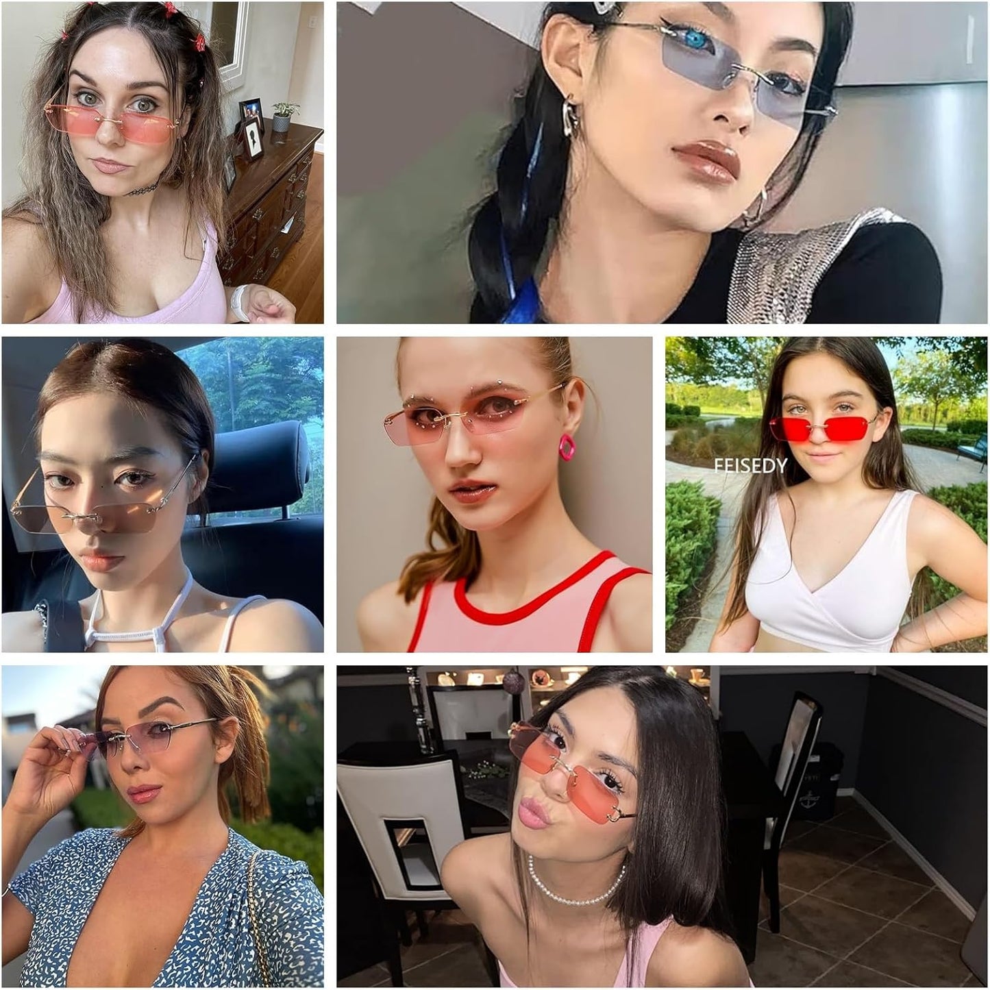 商品图片 9 | B0CY2Q4VW1 | FEISEDY Rimless Sunglasses Y2K Retro Small Narrow Rectangle Shades B2643