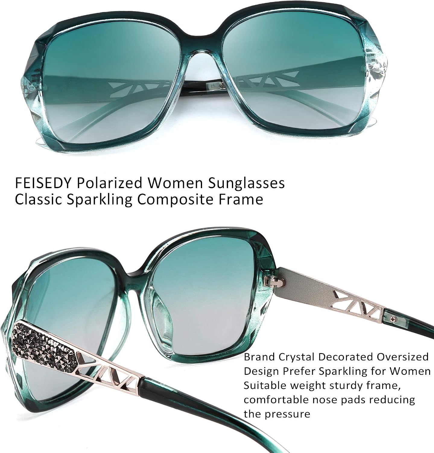 商品图片 111 | B079GT4RXH | FEISEDY Polarized Women Square Sunglasses Sparkling Composite Shiny Frame B2289