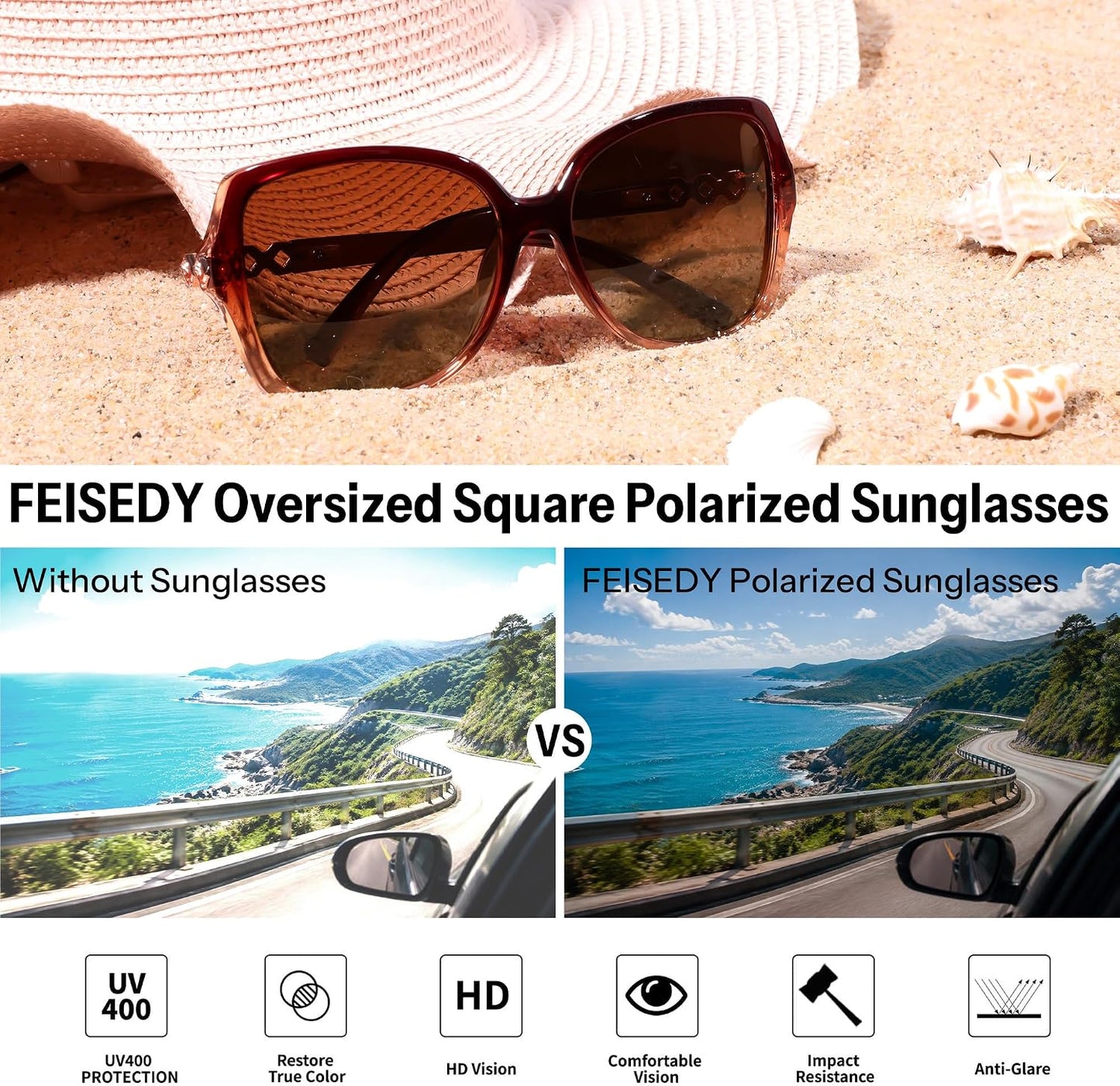 商品图片 10 | B0H8N95LQC | FEISEDY Retro Polarized Sunglasses for Women Chunky Square Frame B0464
