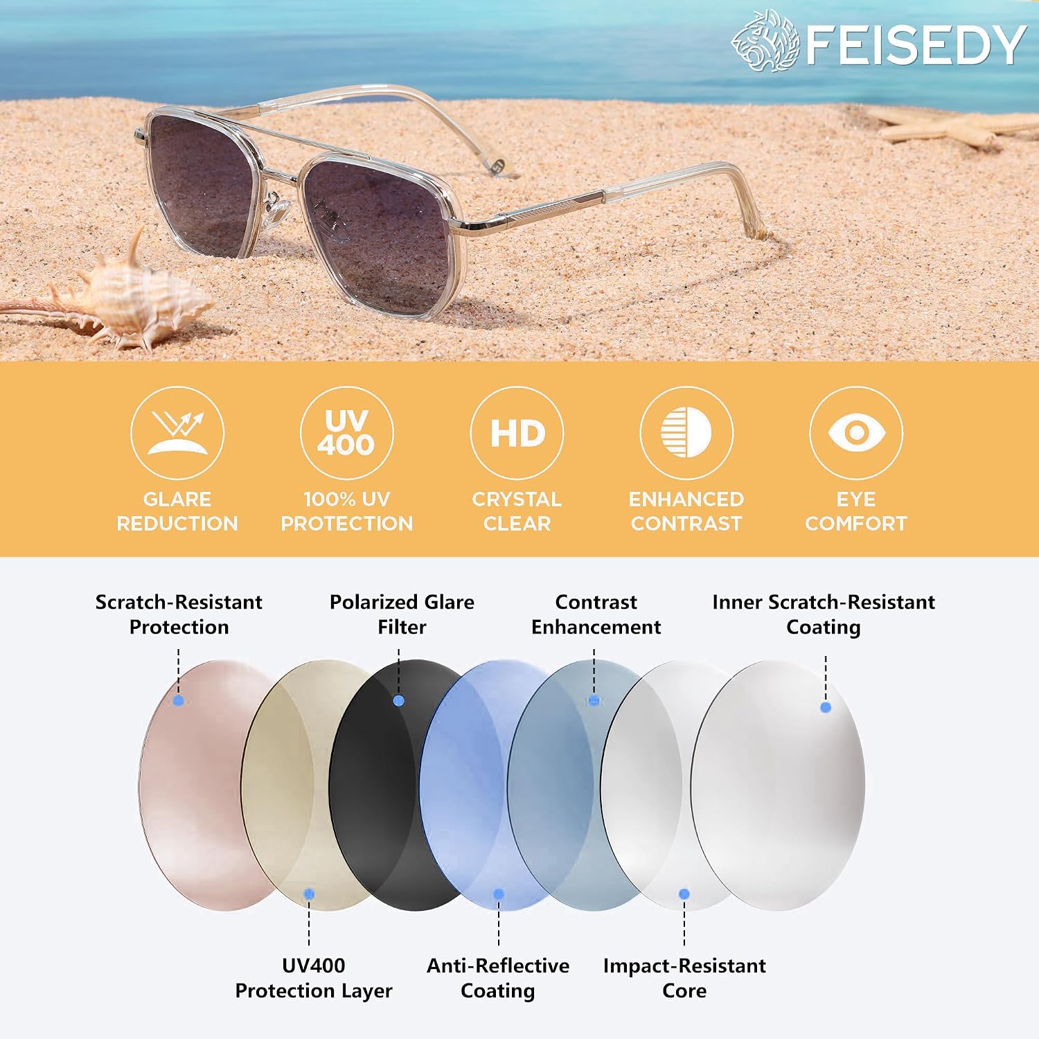 商品图片 23 | B0FQ4Y7FV6 | FEISEDY Polarized Aviator Sunglasses for Women Men Square TAC Lens B0329 | UV400 protection, Lightweight, Military-grade durability, Spring temples, Climate Pledge Friendly, Driving, Beach