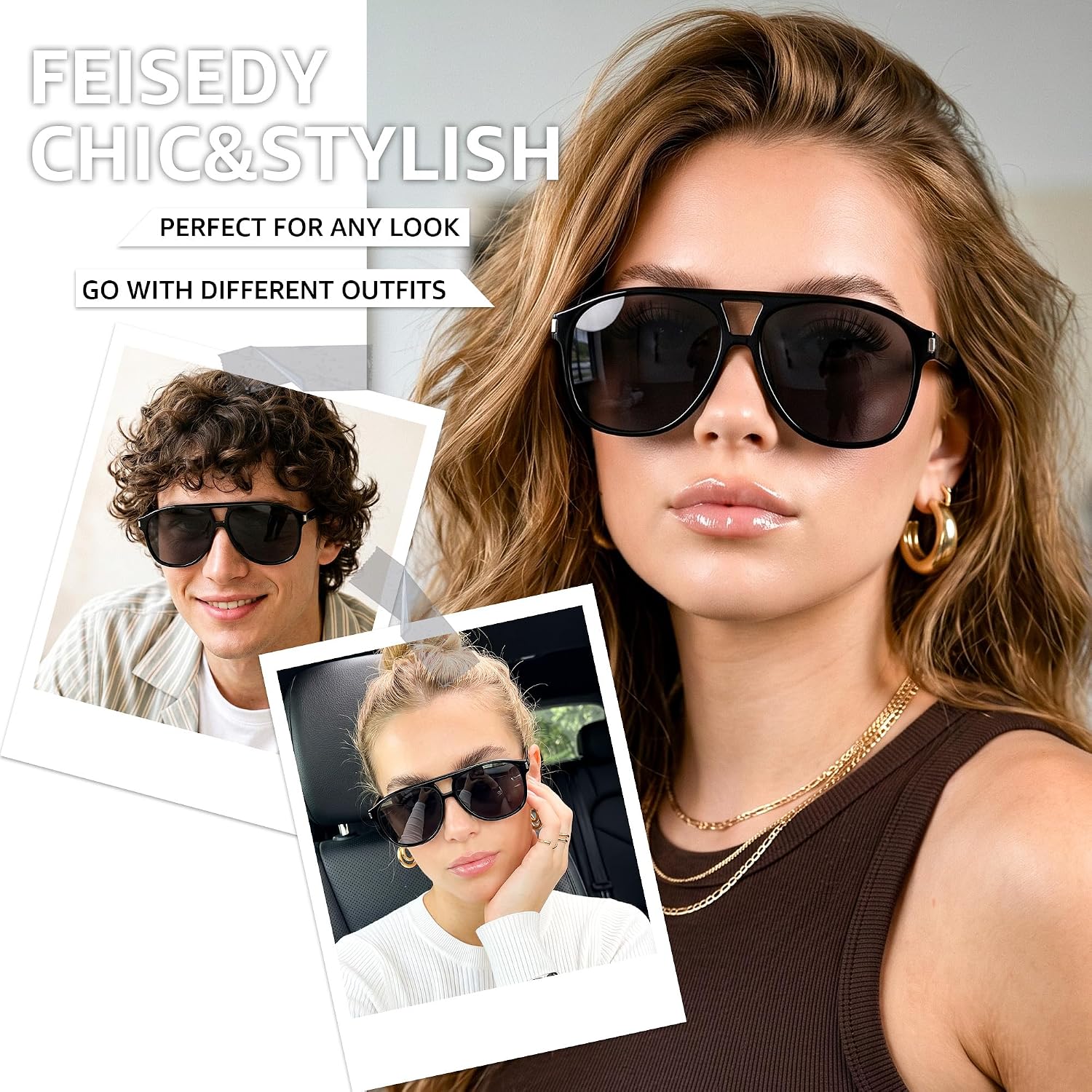 商品图片 30 | B0GXMV1N2N | FEISEDY Retro Aviator Sunglasses for Women Men Square Sunnies 70s Pilot Style Lightweight UV400 Shades B0421