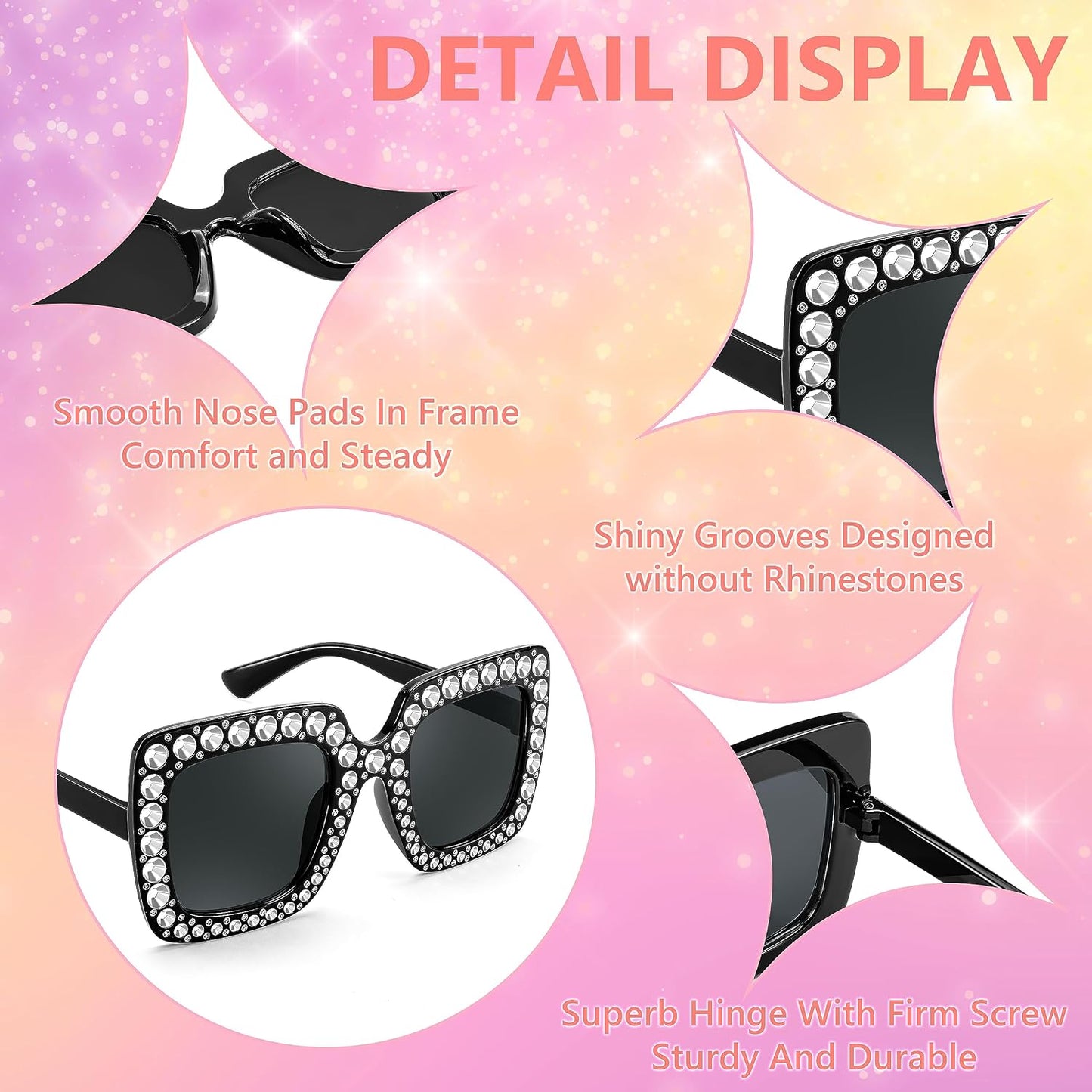商品图片 4 | B0CFHLB4YT | FEISEDY Kids Sunglasses for Girls Oversized Square Sparkling Party Sun Glasses Lightweight Fashion Shades B0053